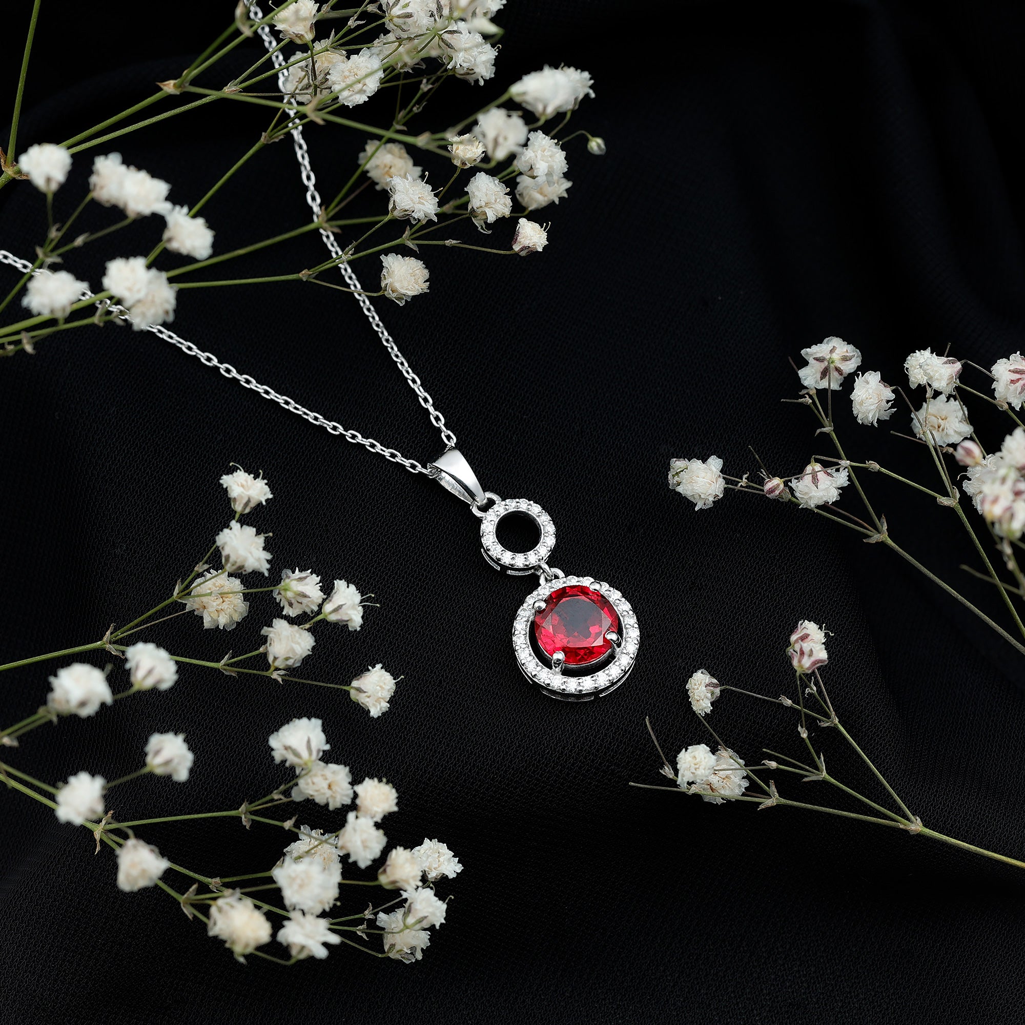 Lab Grown Ruby Dangle Necklace with Moissanite Halo AAAA - Rosec Jewels
