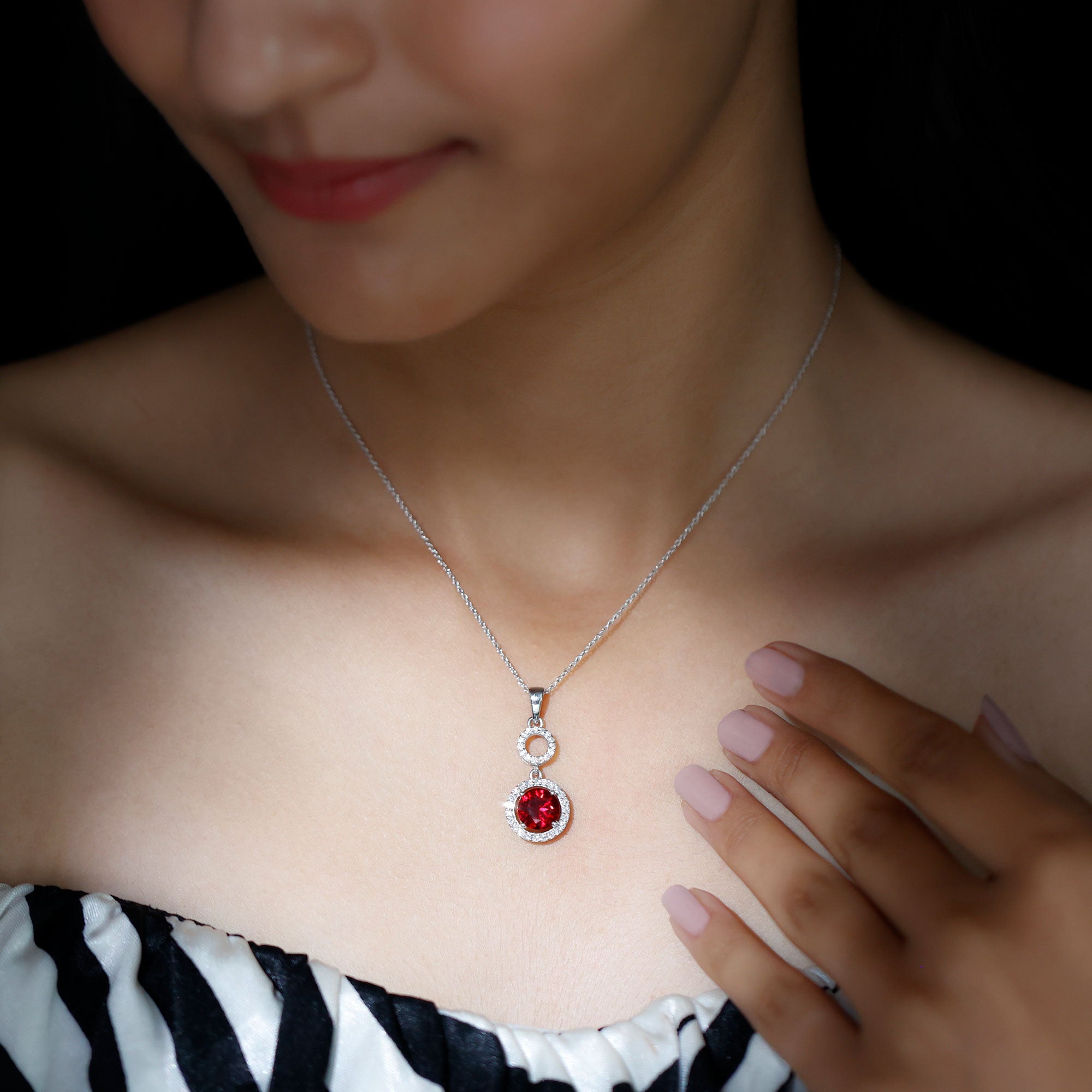 Lab Grown Ruby Dangle Necklace with Moissanite Halo AAAA - Rosec Jewels