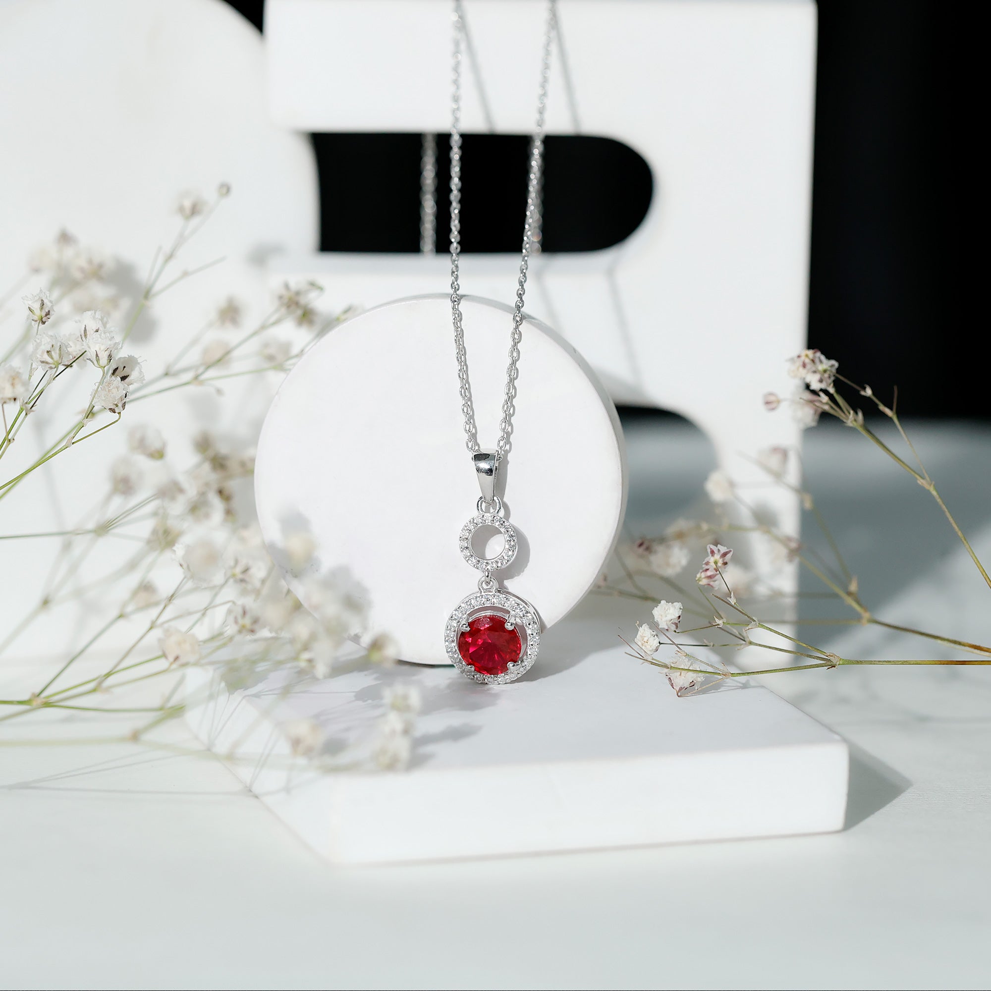Lab Grown Ruby Dangle Necklace with Moissanite Halo AAAA - Rosec Jewels