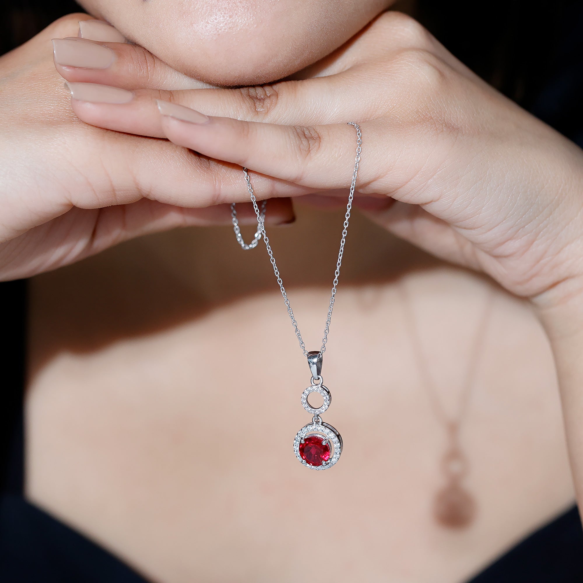 Lab Grown Ruby Dangle Necklace with Moissanite Halo AAAA - Rosec Jewels