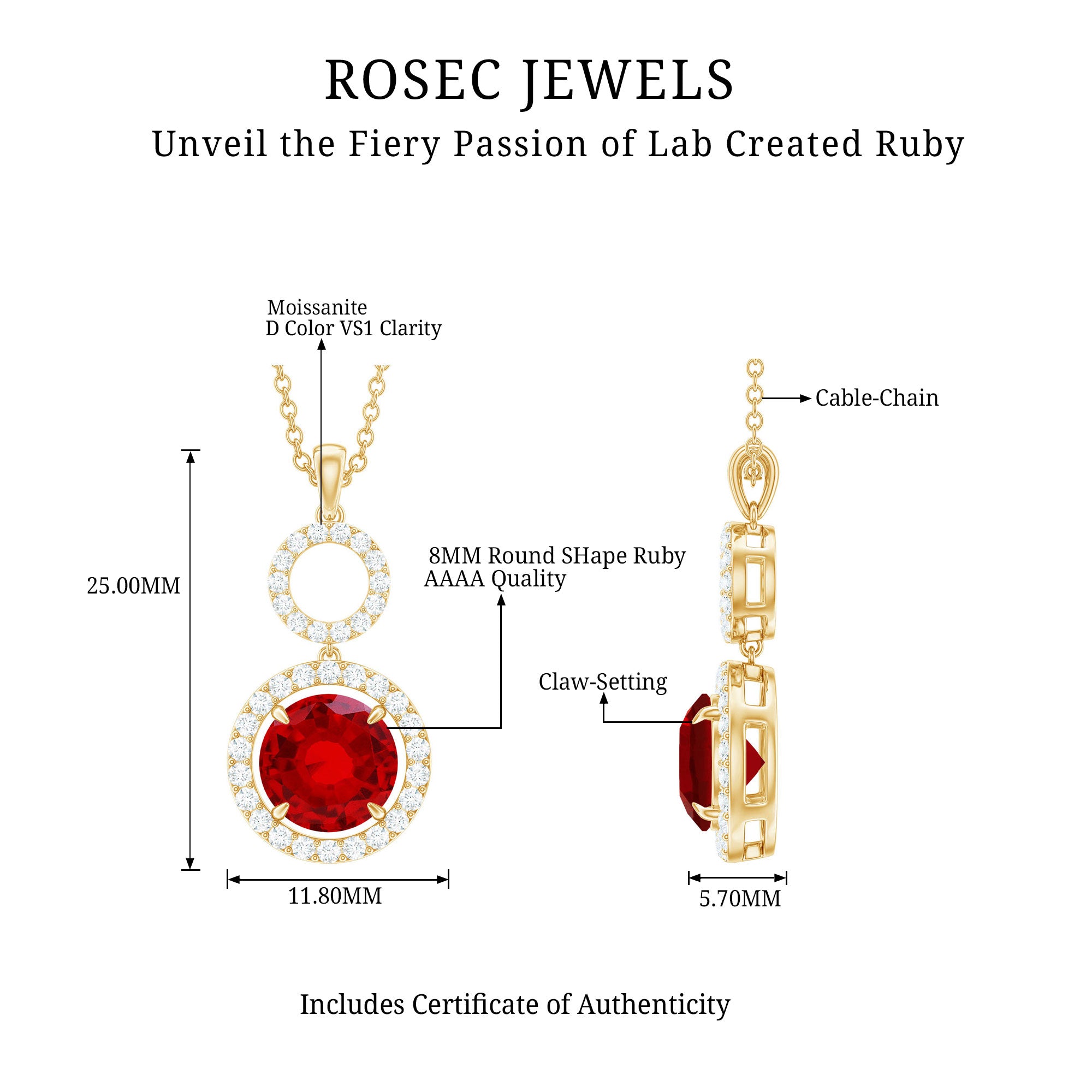 Lab Grown Ruby Dangle Necklace with Moissanite Halo AAAA - Rosec Jewels