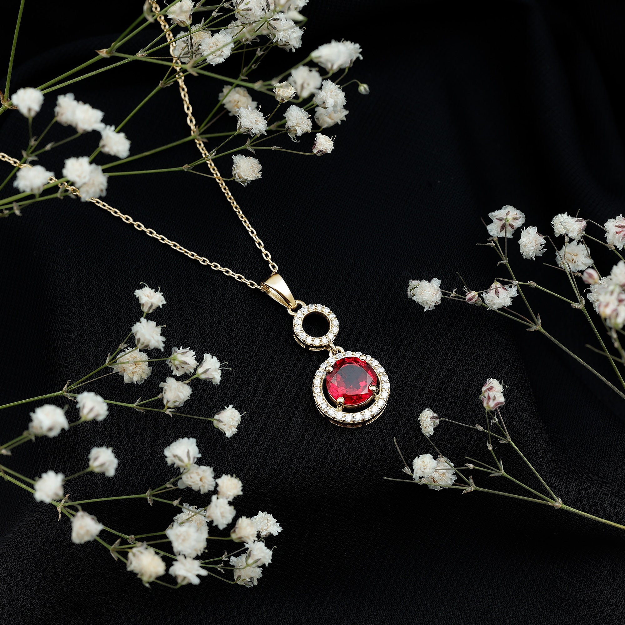 Lab Grown Ruby Dangle Necklace with Moissanite Halo AAAA - Rosec Jewels