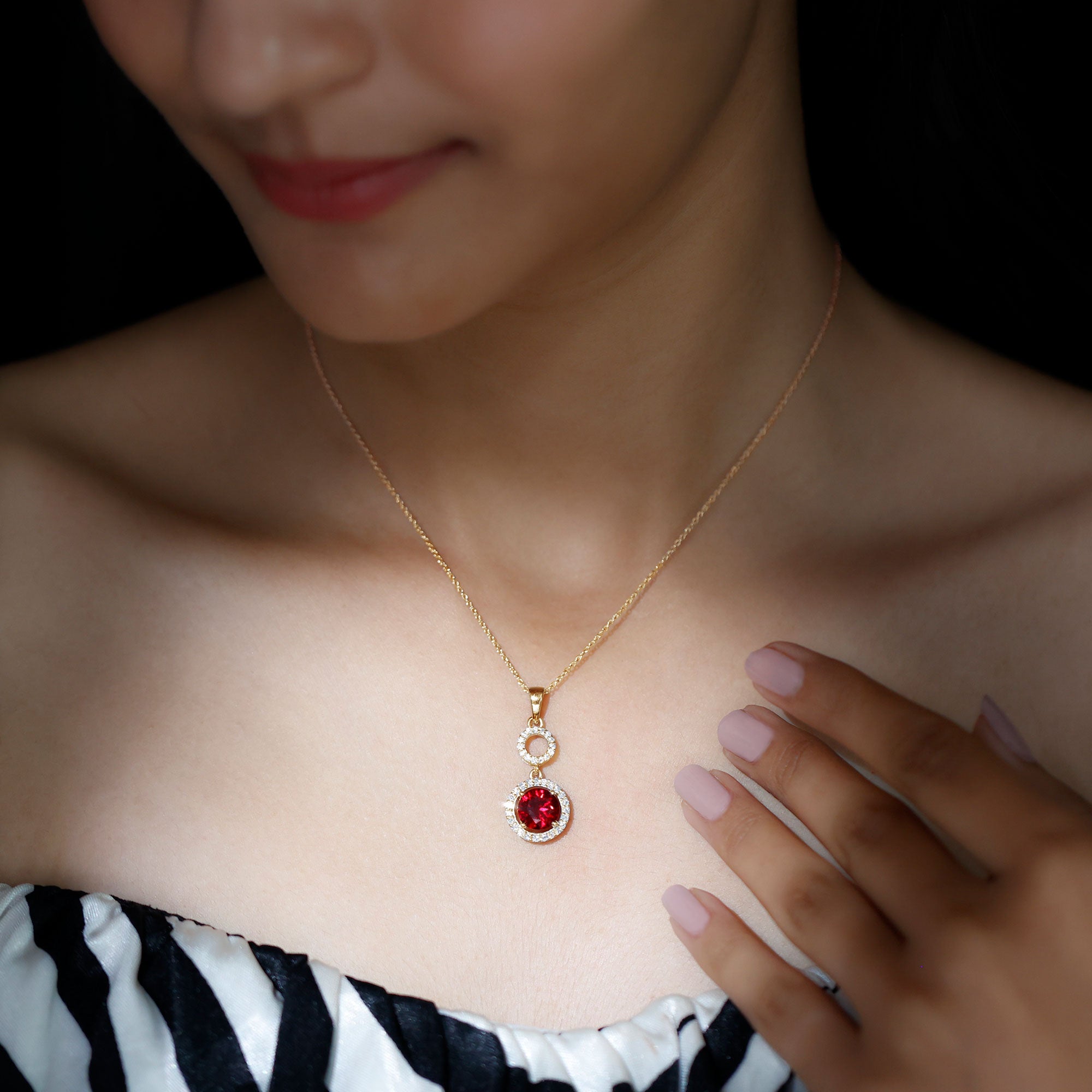 Lab Grown Ruby Dangle Necklace with Moissanite Halo AAAA - Rosec Jewels