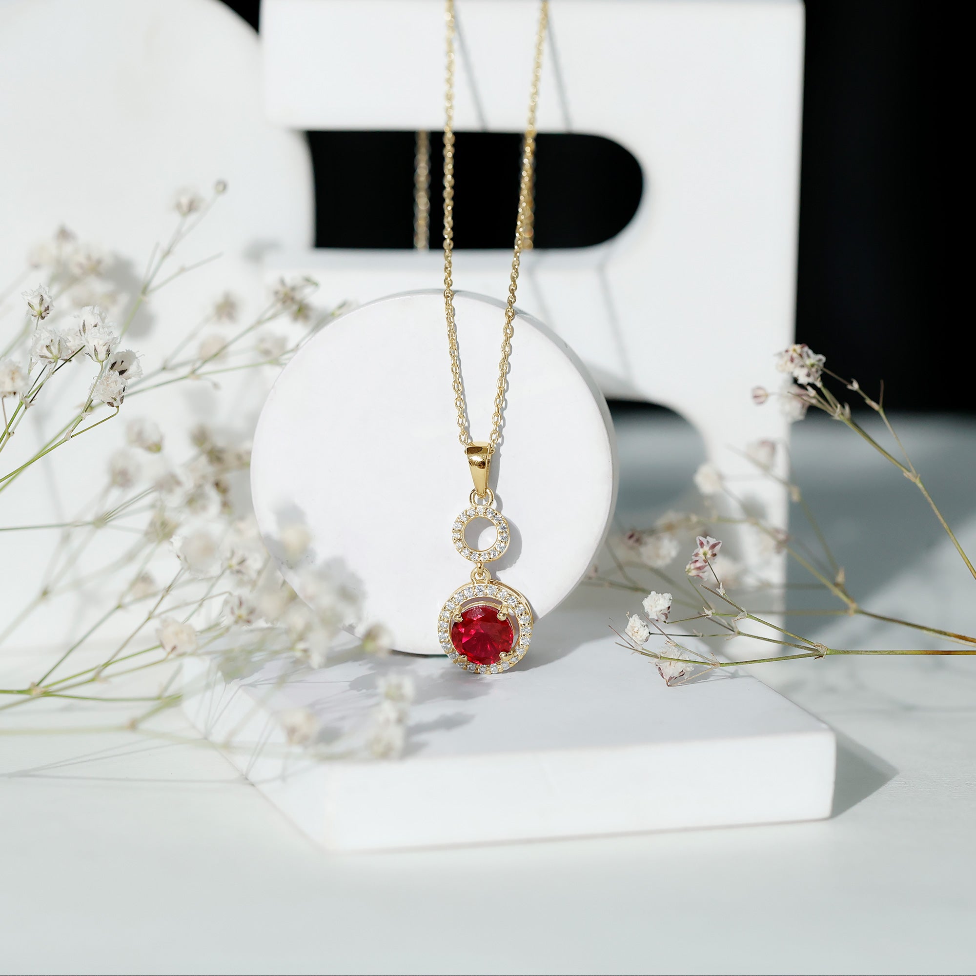 Lab Grown Ruby Dangle Necklace with Moissanite Halo AAAA - Rosec Jewels