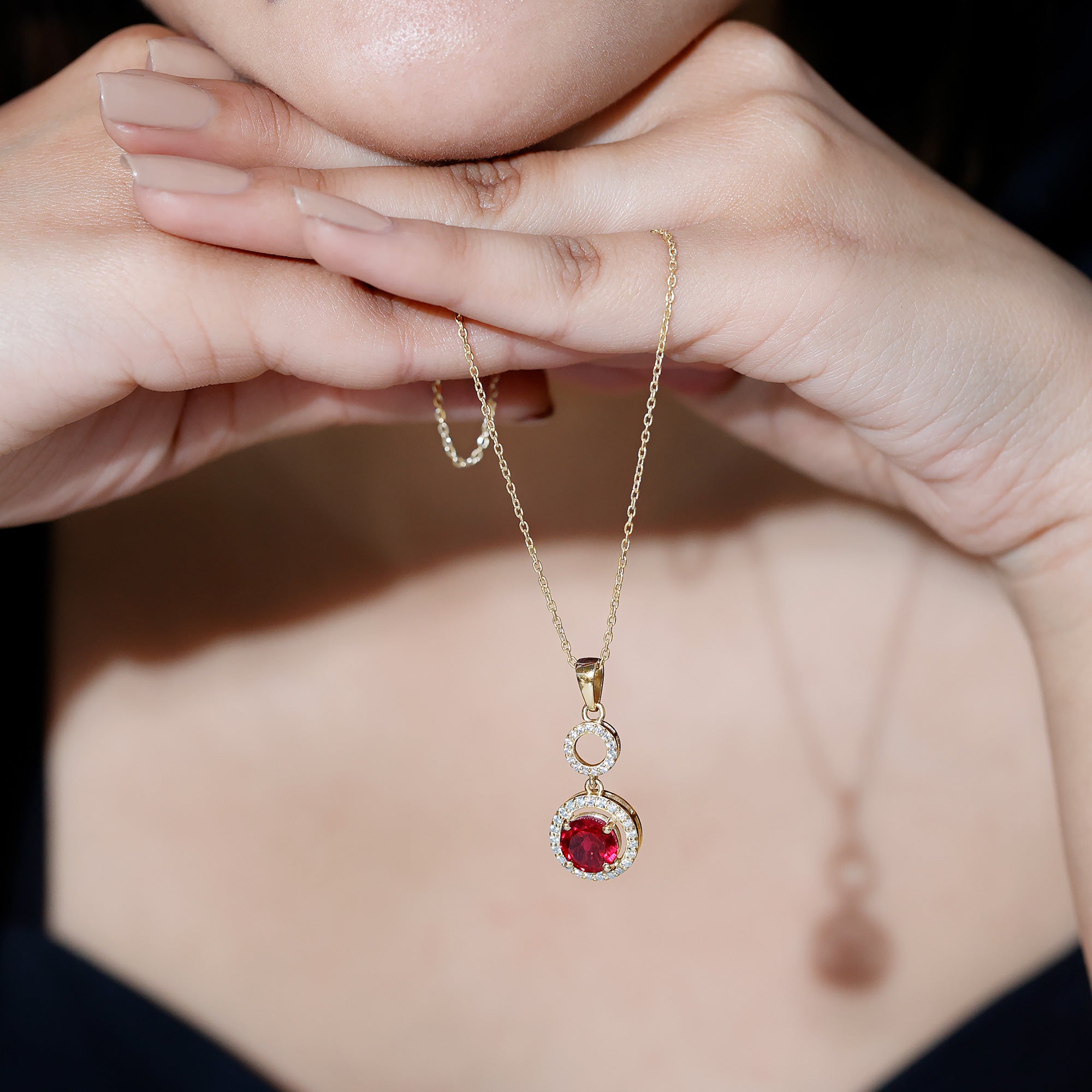 Lab Grown Ruby Dangle Necklace with Moissanite Halo AAAA - Rosec Jewels
