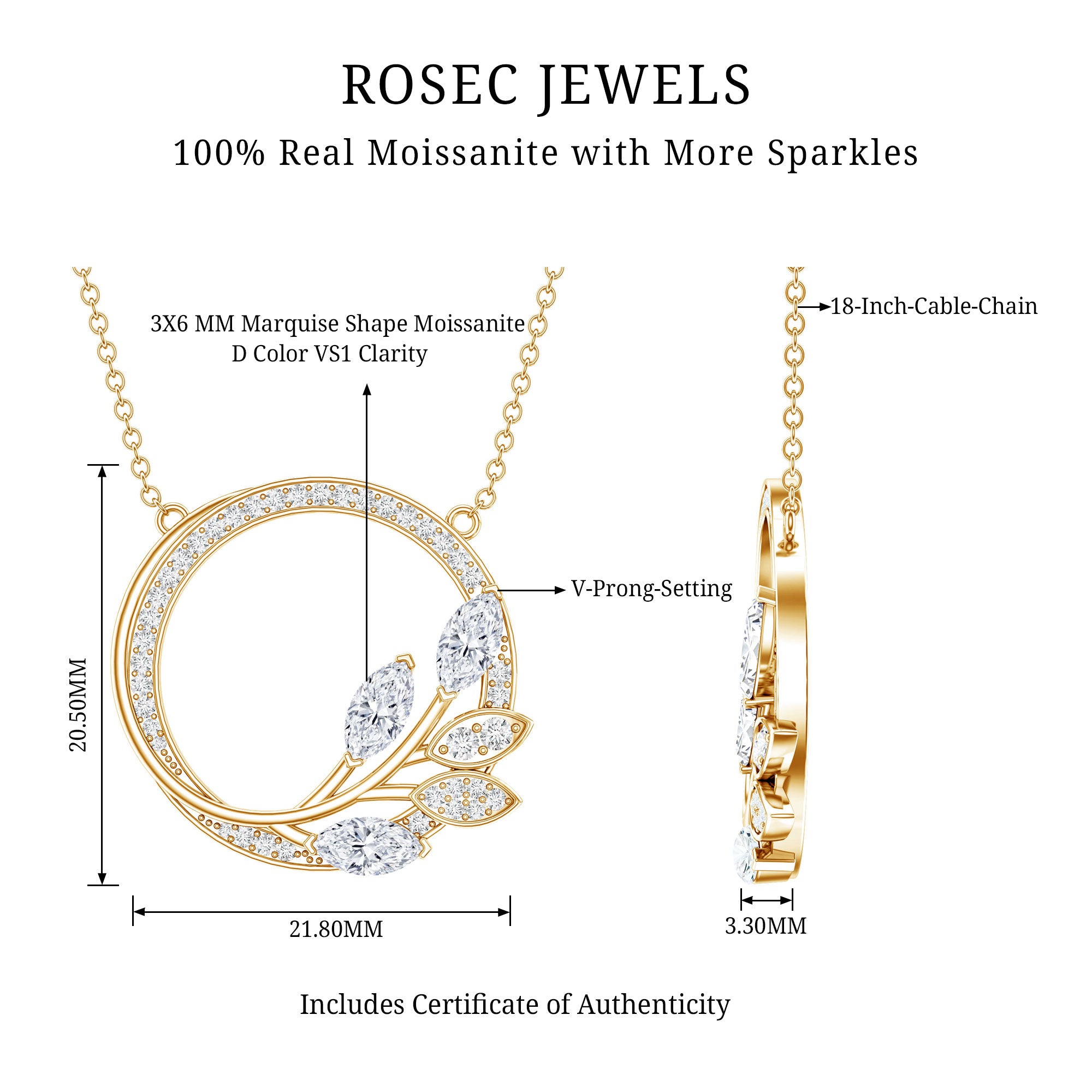 Marquise and Round Cut Moissanite Leaf Eternity Necklace D-VS1 - Rosec Jewels