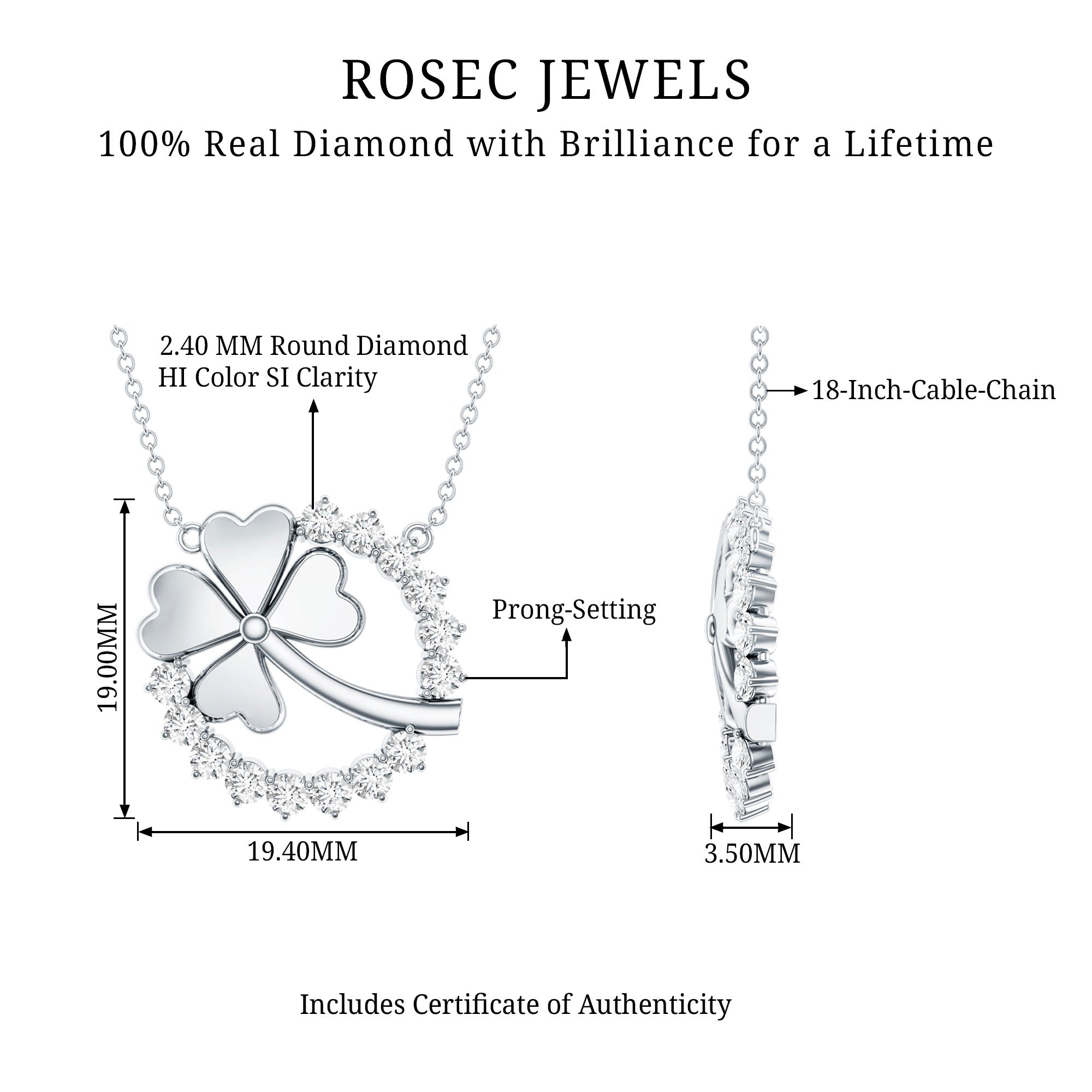 Certified Diamond Lucky 4 Leaf Necklace Natural - ( HI-SI ) - Rosec Jewels