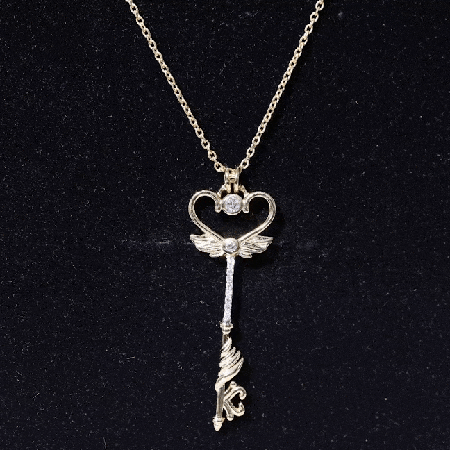 Rosec Jewels-Diamond Heart Key Pendant Necklace with Angel Wings