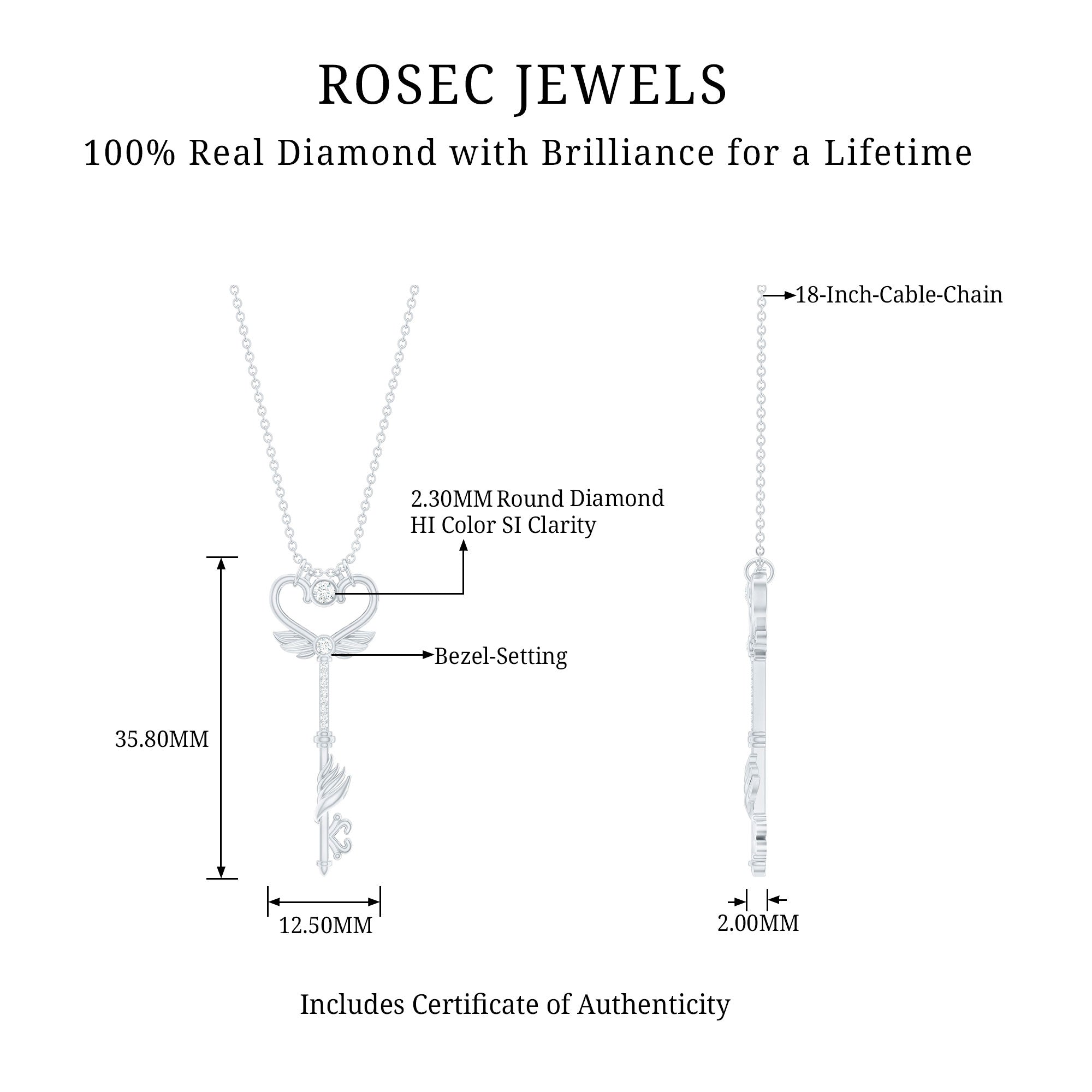 Diamond Key Necklace with Angel Wings Natural - ( HI-SI ) - Rosec Jewels