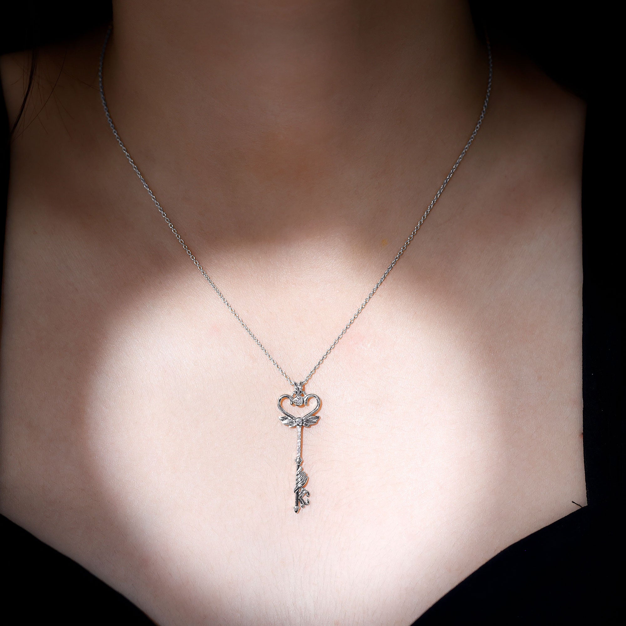 Rosec Jewels-Diamond Heart Key Pendant Necklace with Angel Wings