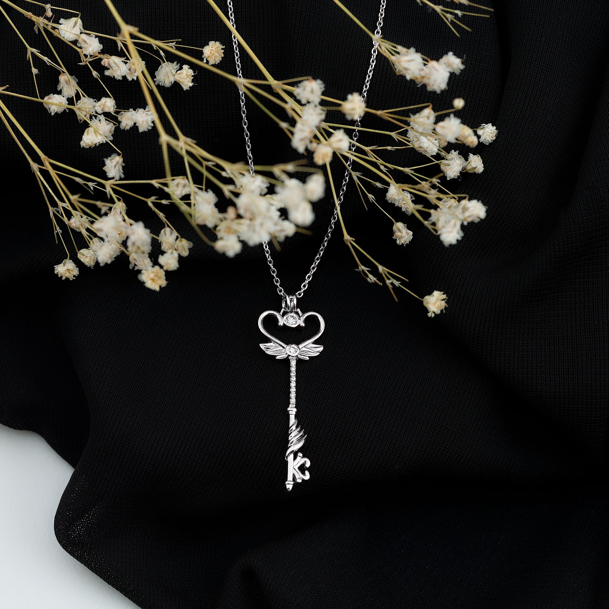 Diamond Key Necklace with Angel Wings Natural - ( HI-SI ) - Rosec Jewels