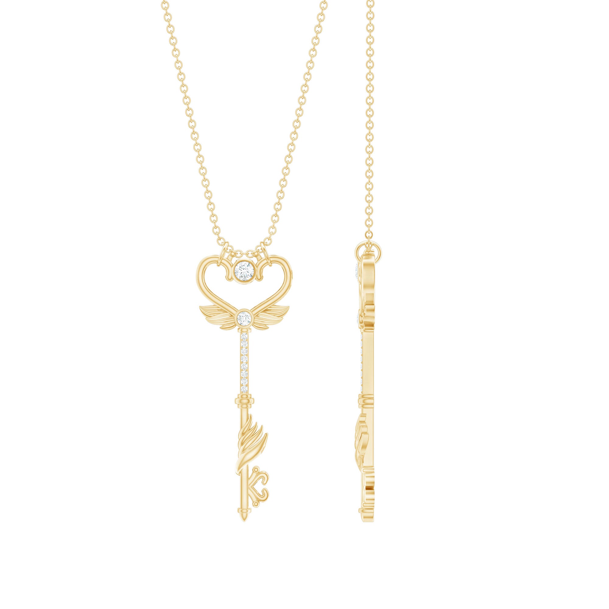 Diamond Key Necklace with Angel Wings Natural - ( HI-SI ) - Rosec Jewels