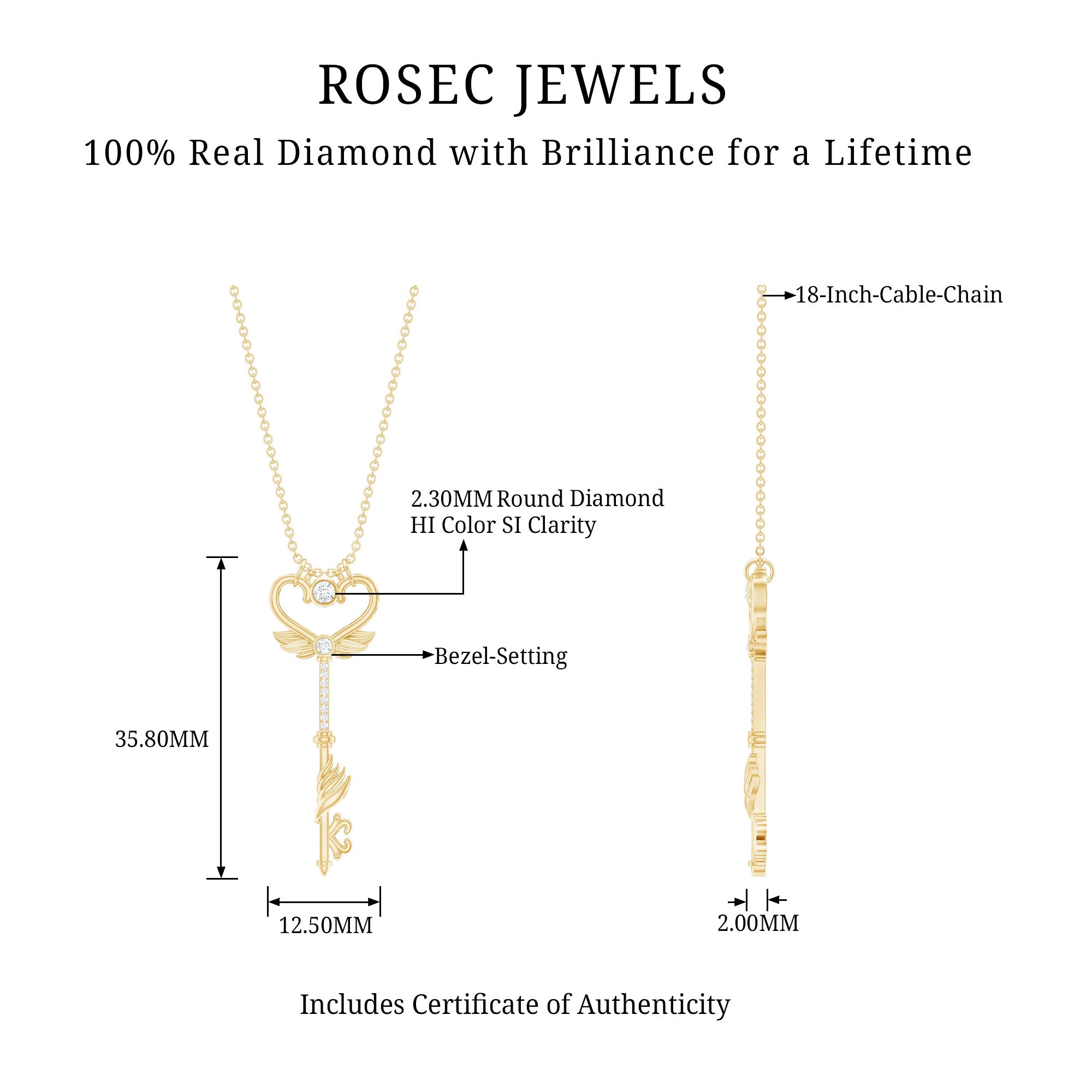 Rosec Jewels-Diamond Heart Key Pendant Necklace with Angel Wings