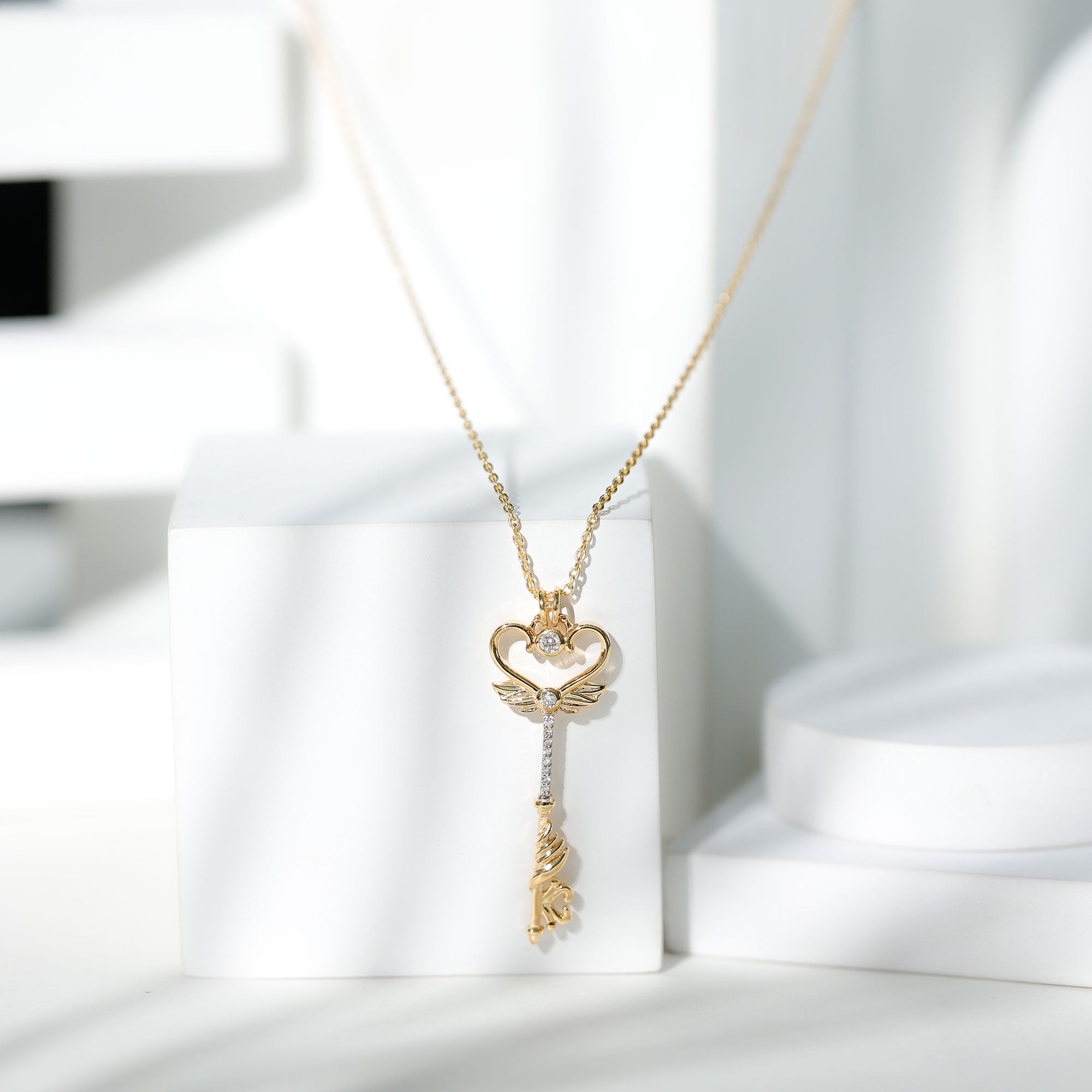 Diamond Key Necklace with Angel Wings Natural - ( HI-SI ) - Rosec Jewels