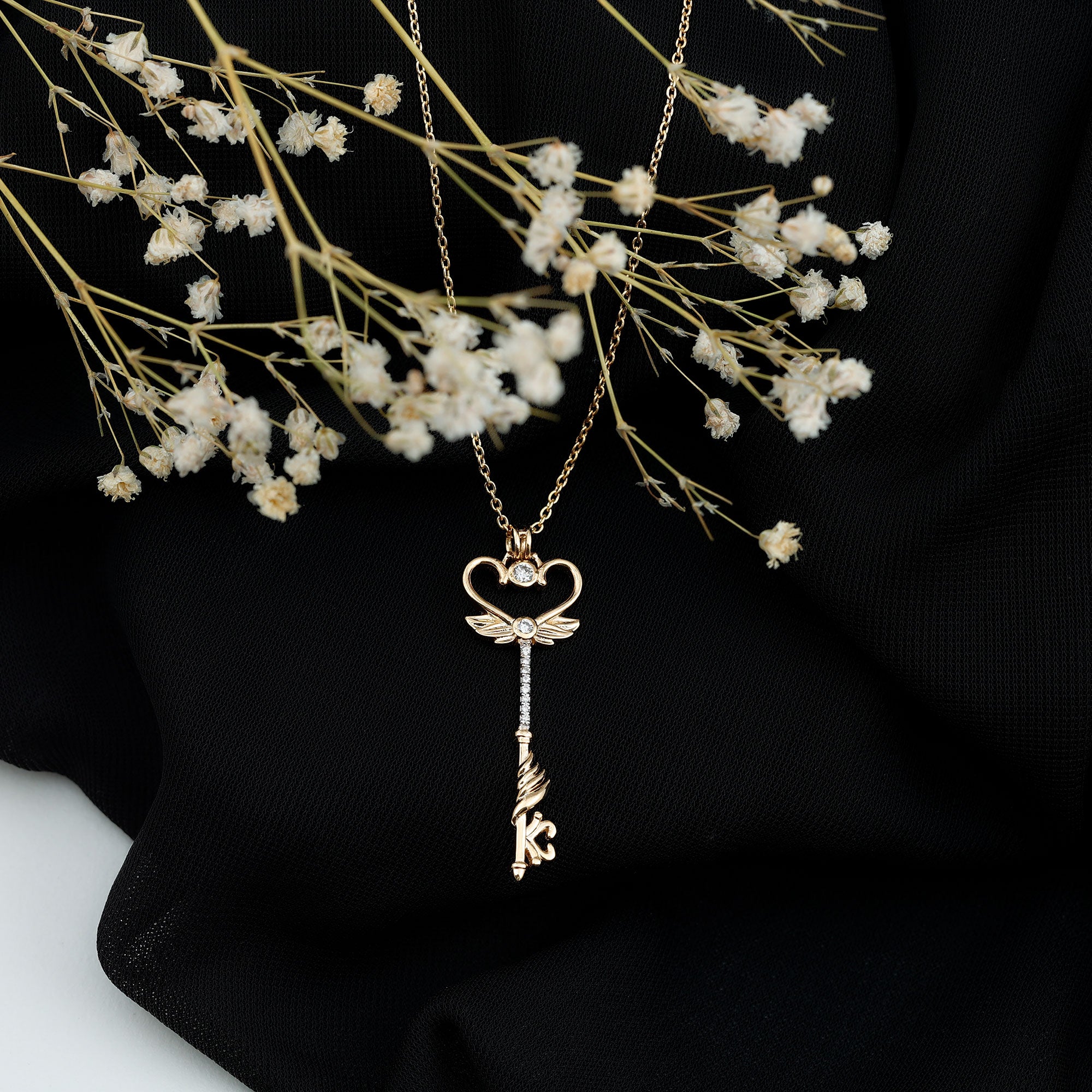 Diamond Key Necklace with Angel Wings Natural - ( HI-SI ) - Rosec Jewels
