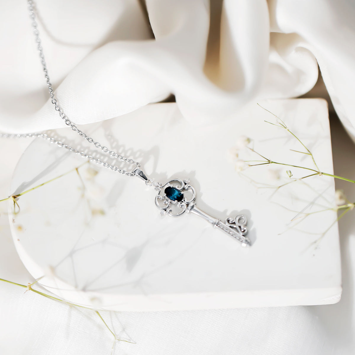 London Blue Topaz and Diamond Vintage Key Necklace AAA - Rosec Jewels