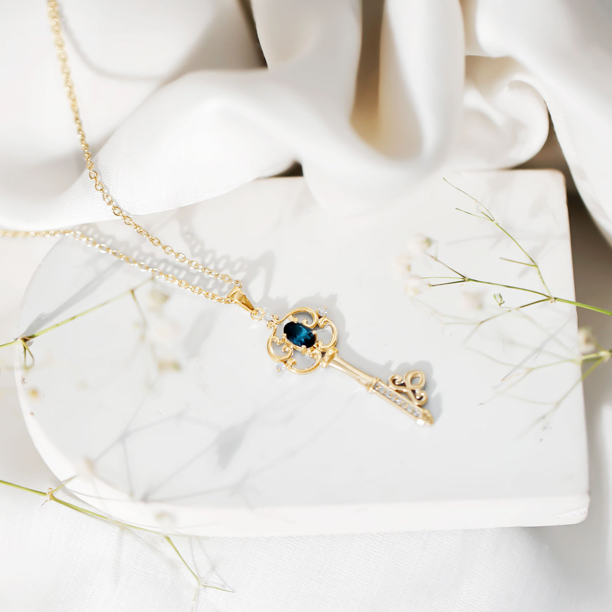 London Blue Topaz and Diamond Vintage Key Necklace AAA - Rosec Jewels