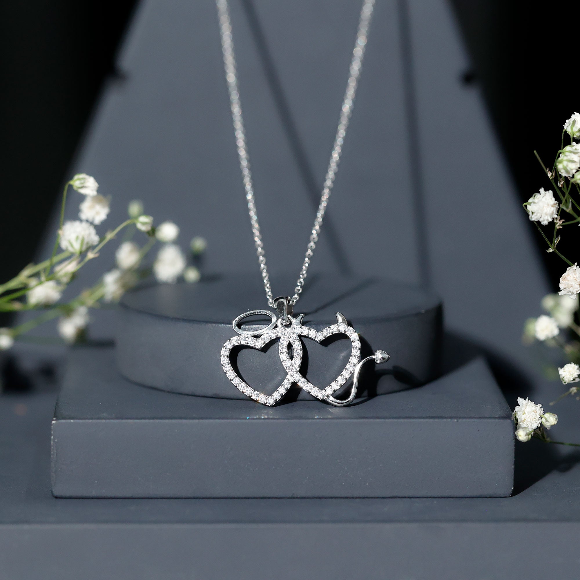 Certified Zircon Angle and Devil Twin Heart Necklace AAAA - Rosec Jewels