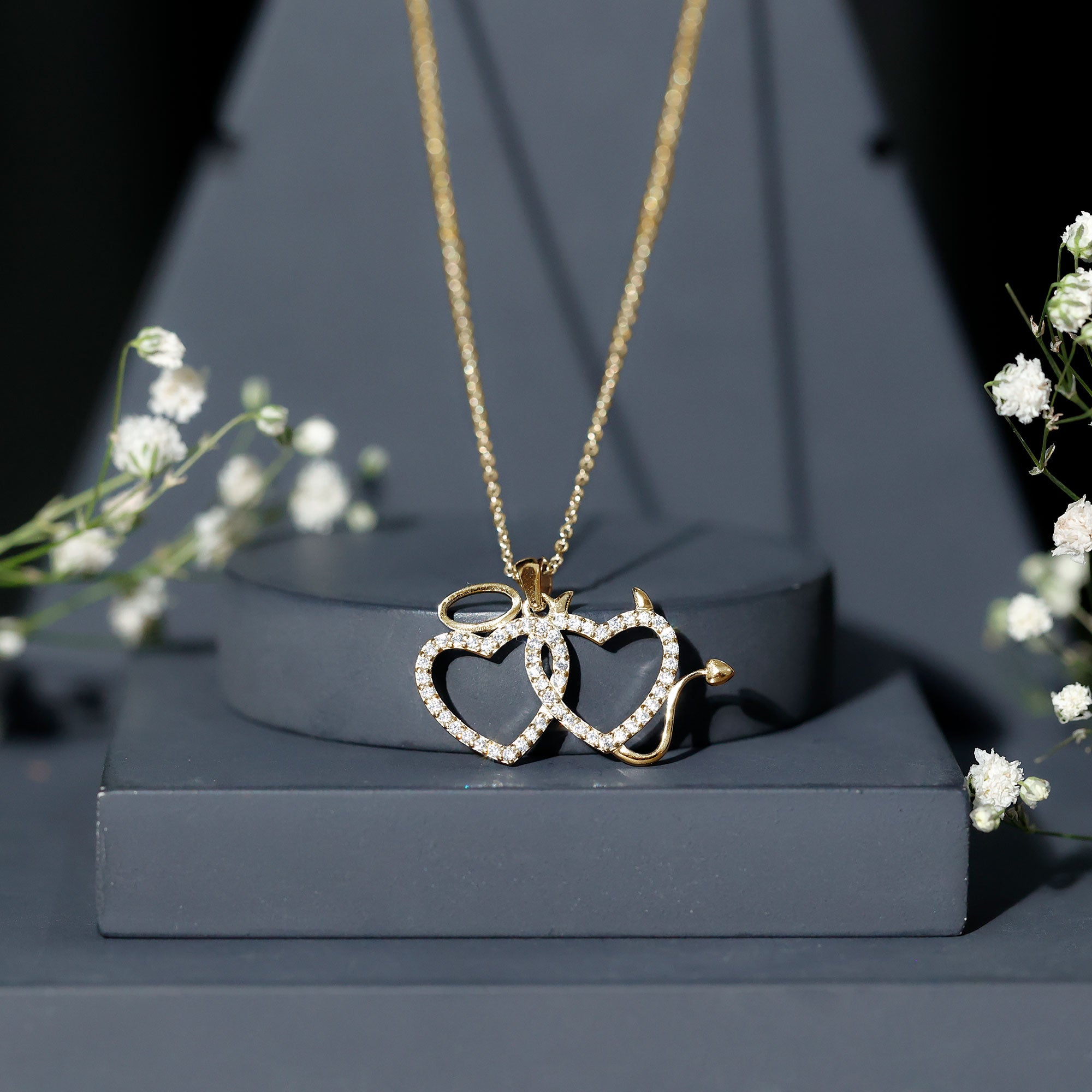Certified Zircon Angle and Devil Twin Heart Necklace AAAA - Rosec Jewels