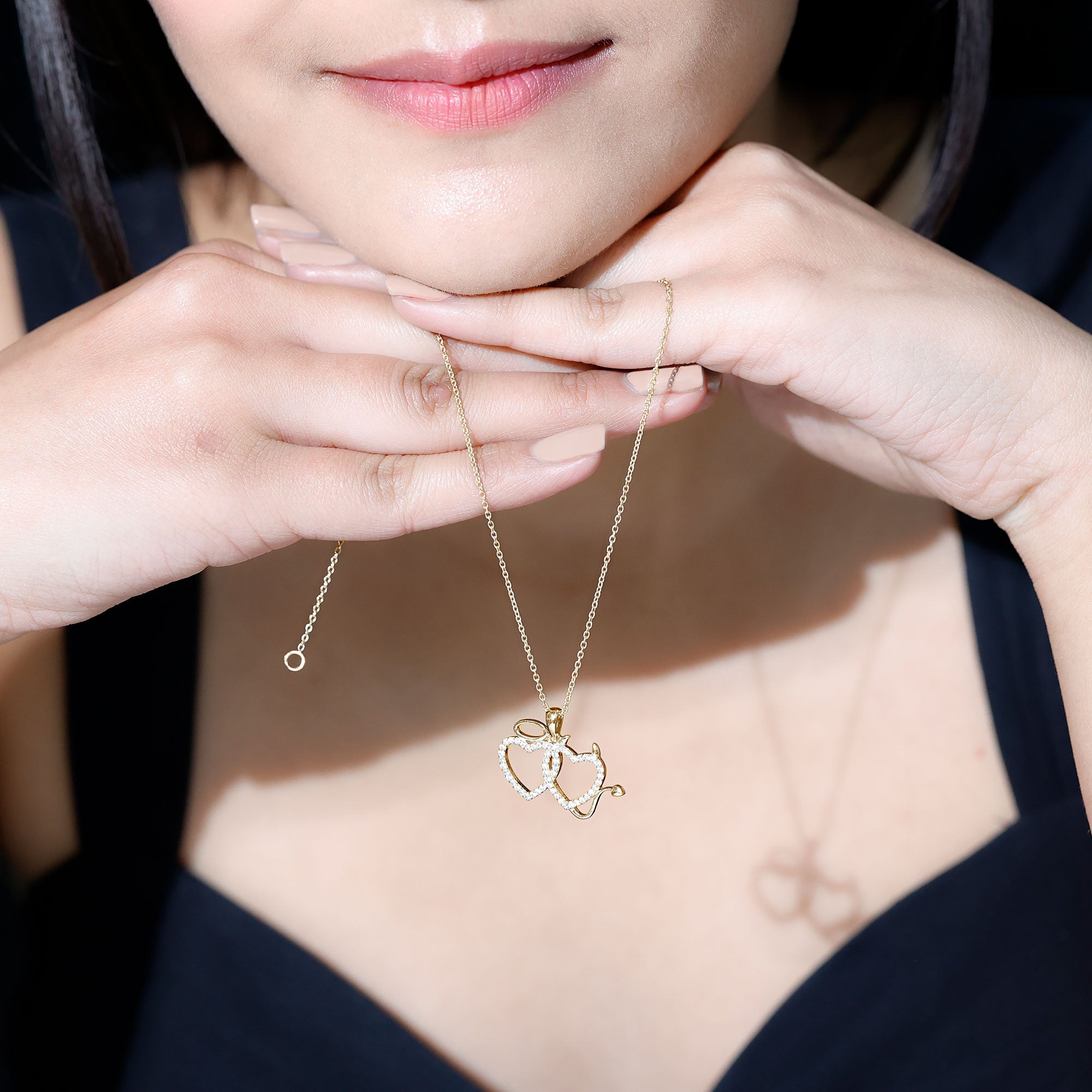 Certified Zircon Angle and Devil Twin Heart Necklace AAAA - Rosec Jewels