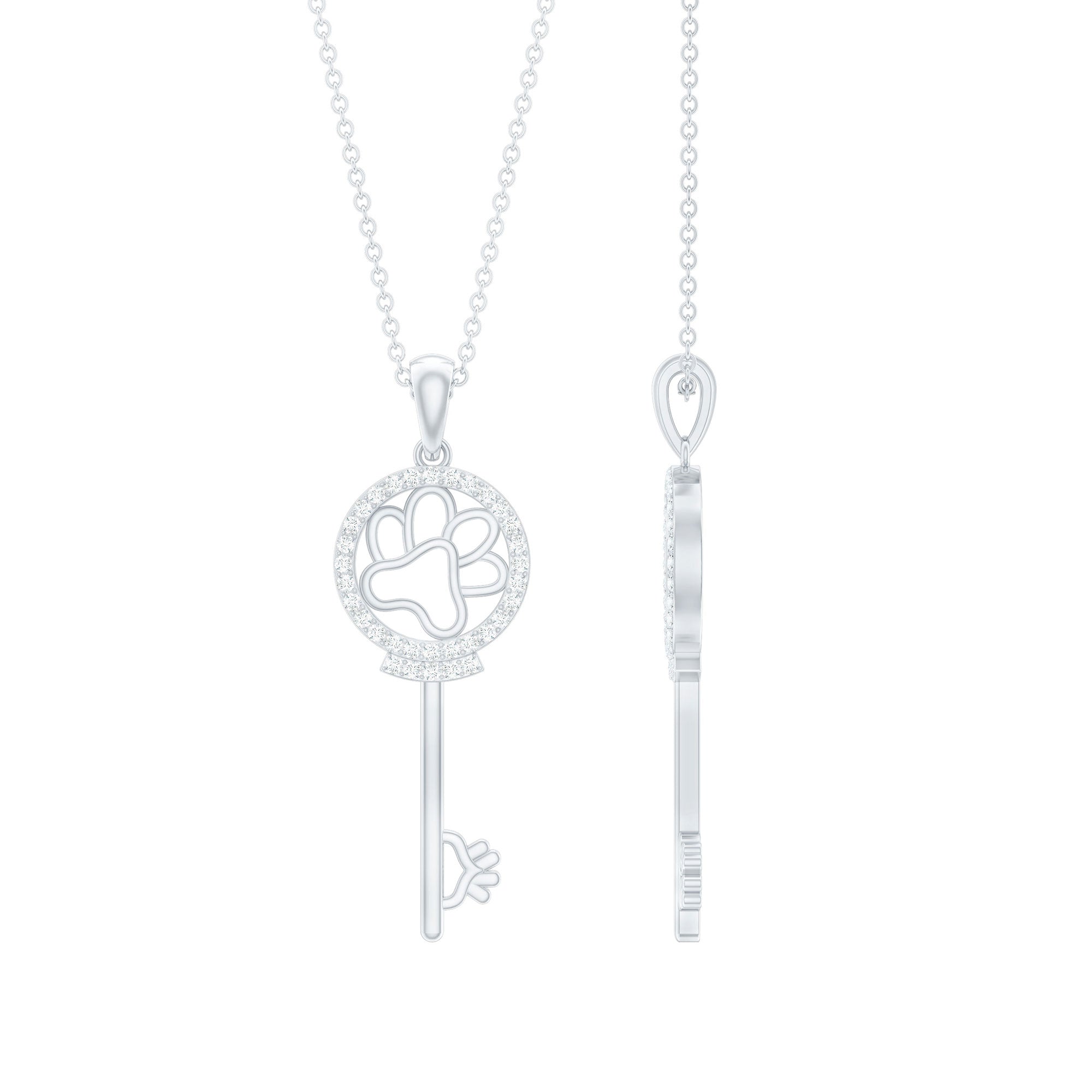 Certified Cubic Zirconia Key Pendant Necklace with Paw Motif