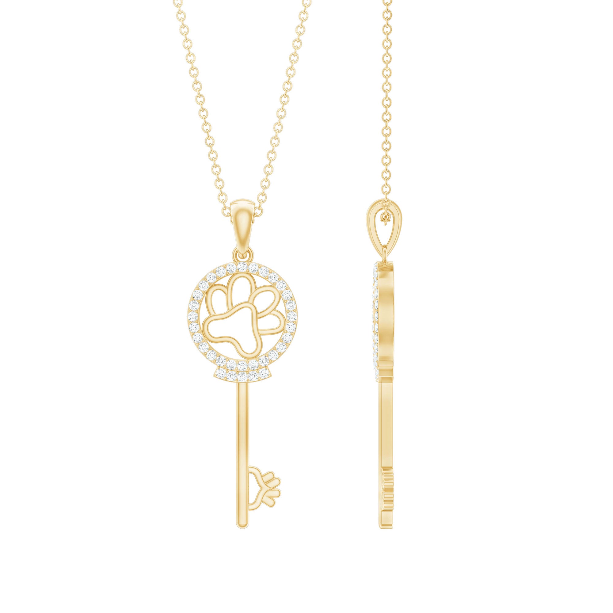 Certified Cubic Zirconia Key Pendant Necklace with Paw Motif AAAA - Rosec Jewels