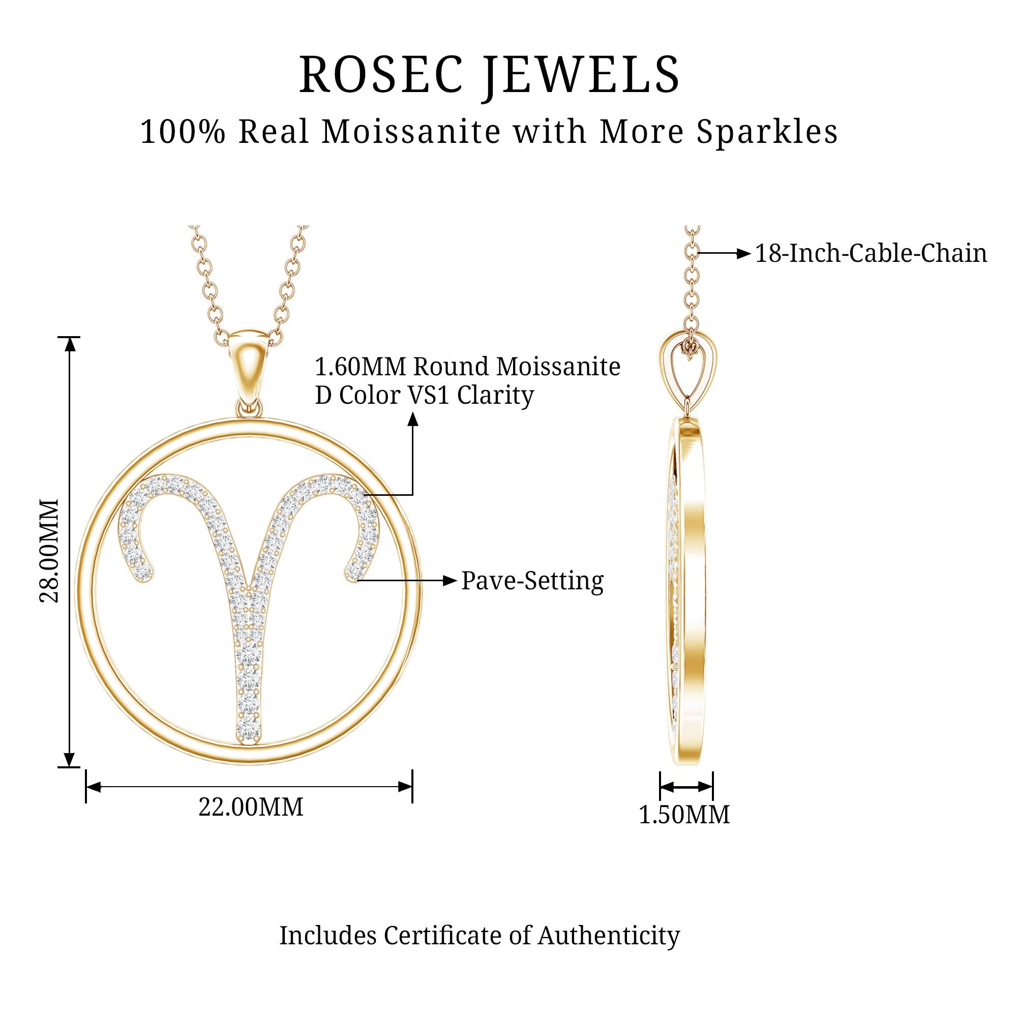 Certified Moissanite Aries Zodiac Sign Pendant Necklace D-VS1 - Rosec Jewels