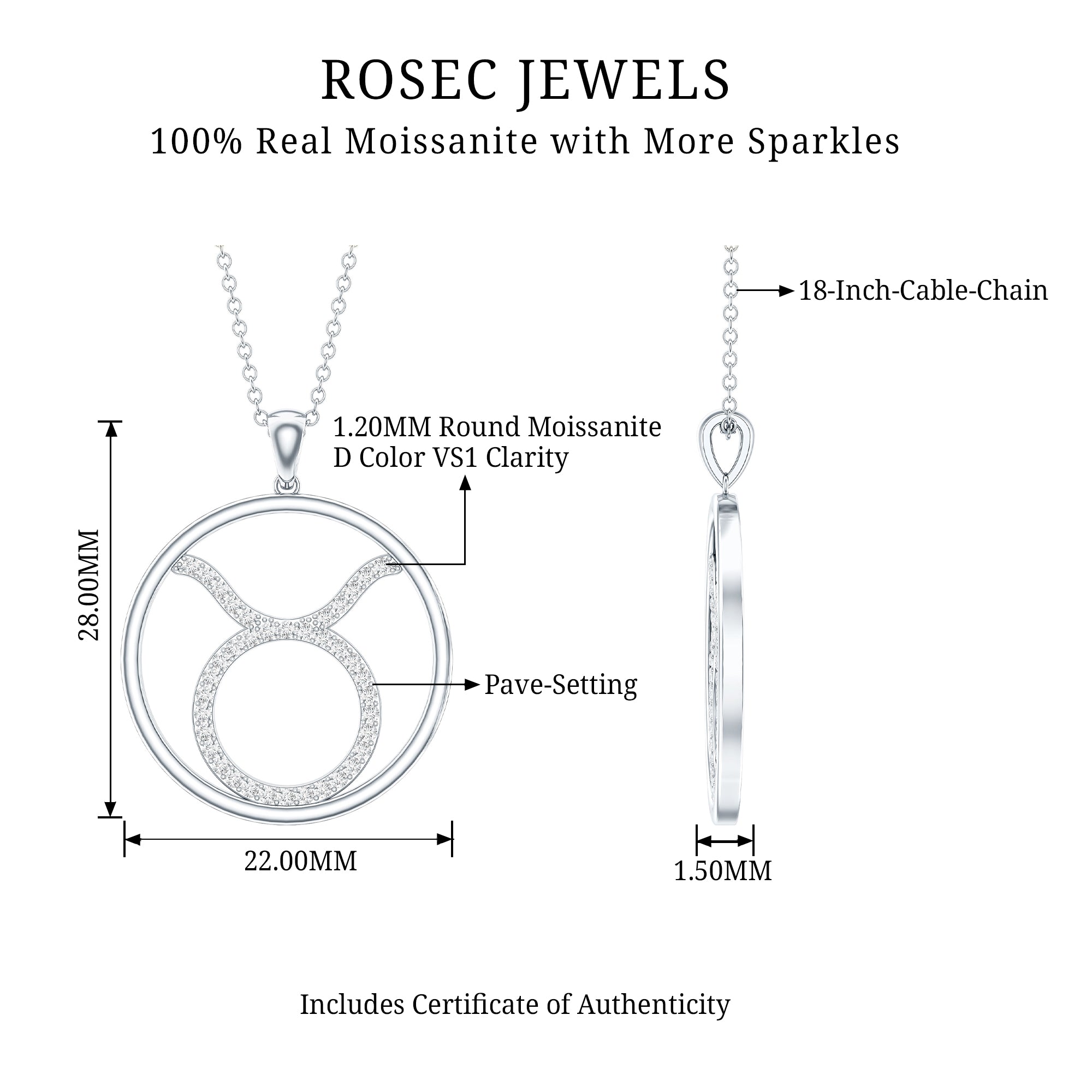 Certified Moissanite Taurus Zodiac Sign Pendant Necklace D-VS1 - Rosec Jewels
