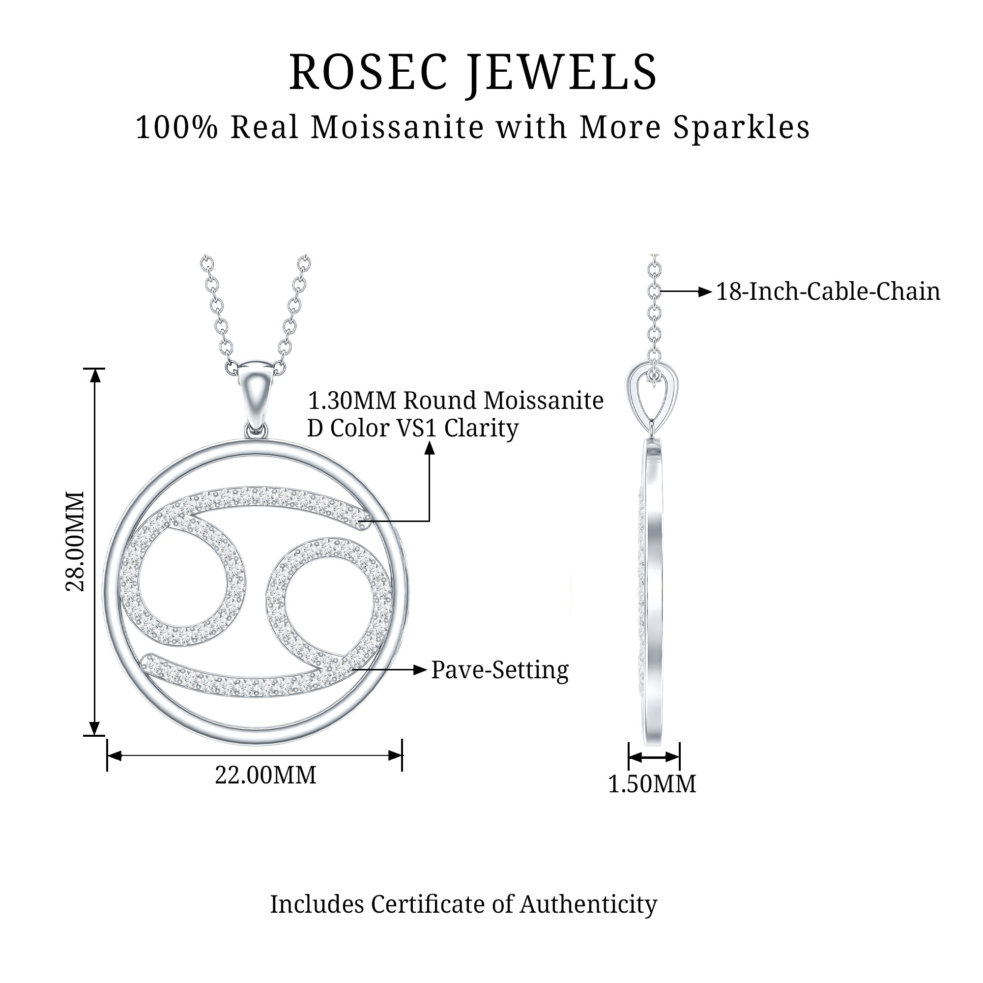 Certified Moissanite Cancer Zodiac Sign Necklace D-VS1 - Rosec Jewels