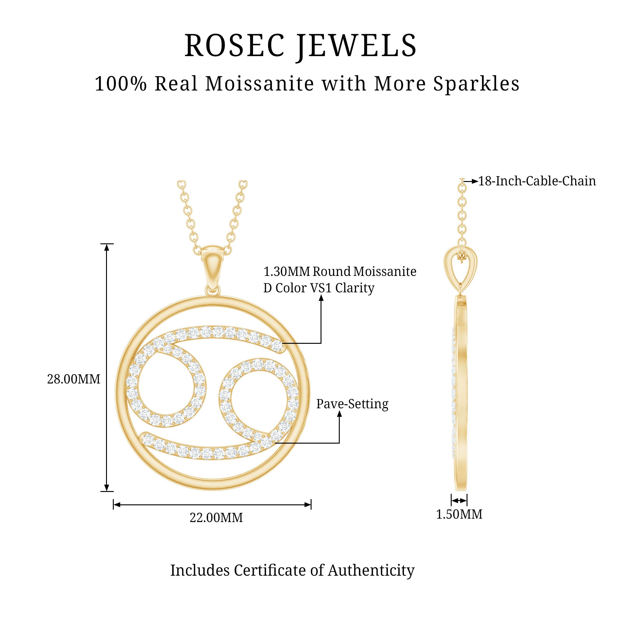 Certified Moissanite Cancer Zodiac Sign Necklace D-VS1 - Rosec Jewels