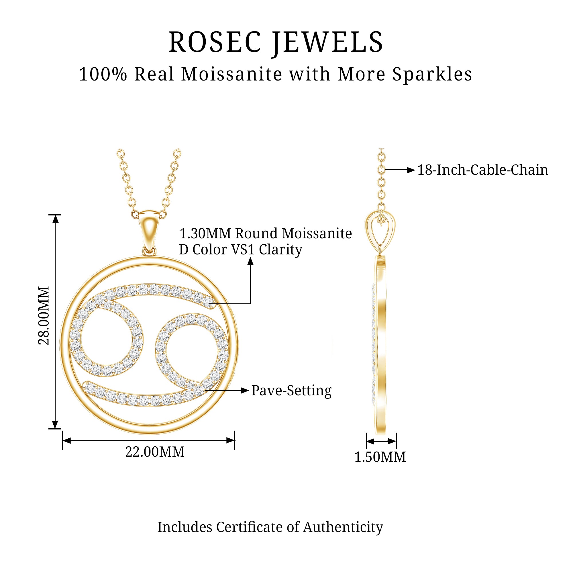Certified Moissanite Cancer Zodiac Sign Necklace D-VS1 - Rosec Jewels