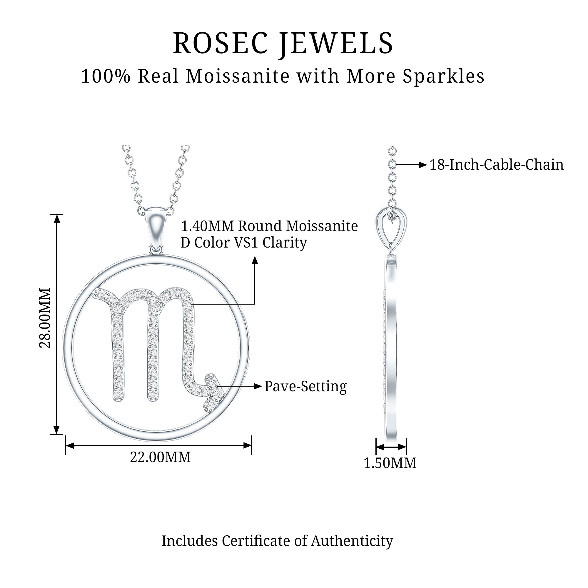 Certified Moissanite Scorpio Zodiac Pendant Necklace D-VS1 - Rosec Jewels