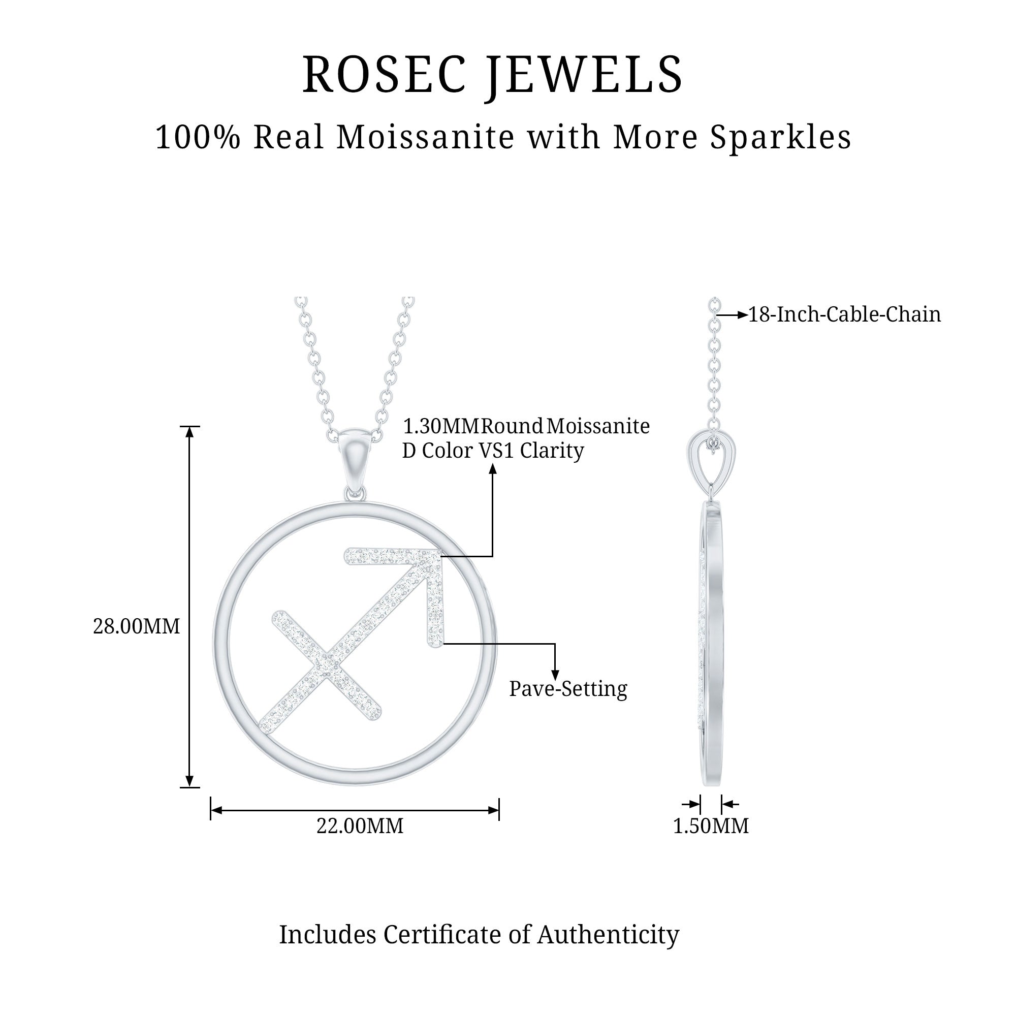 Certified Moissanite Sagittarius Zodiac Sign Necklace D-VS1 - Rosec Jewels