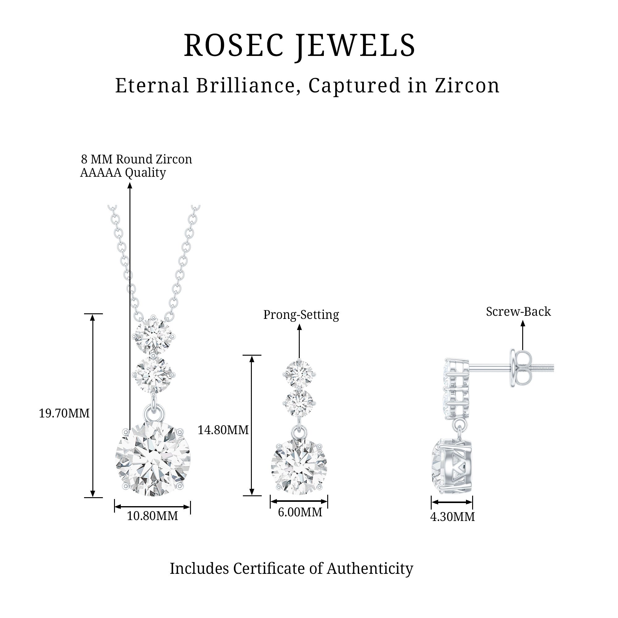 Cubic Zirconia Dangle Necklace and Earrings Set For Bride AAAAA - Rosec Jewels