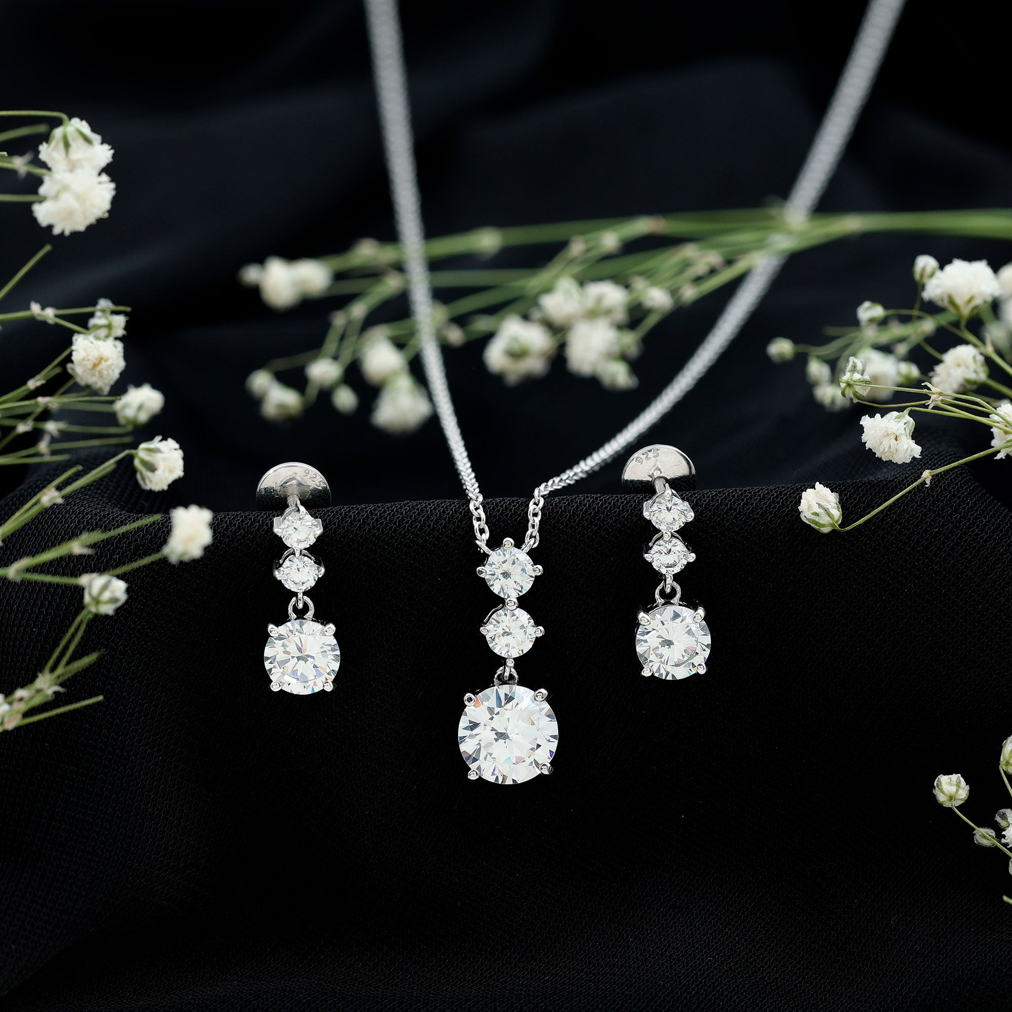 Cubic Zirconia Dangle Necklace and Earrings Set For Bride AAAAA - Rosec Jewels