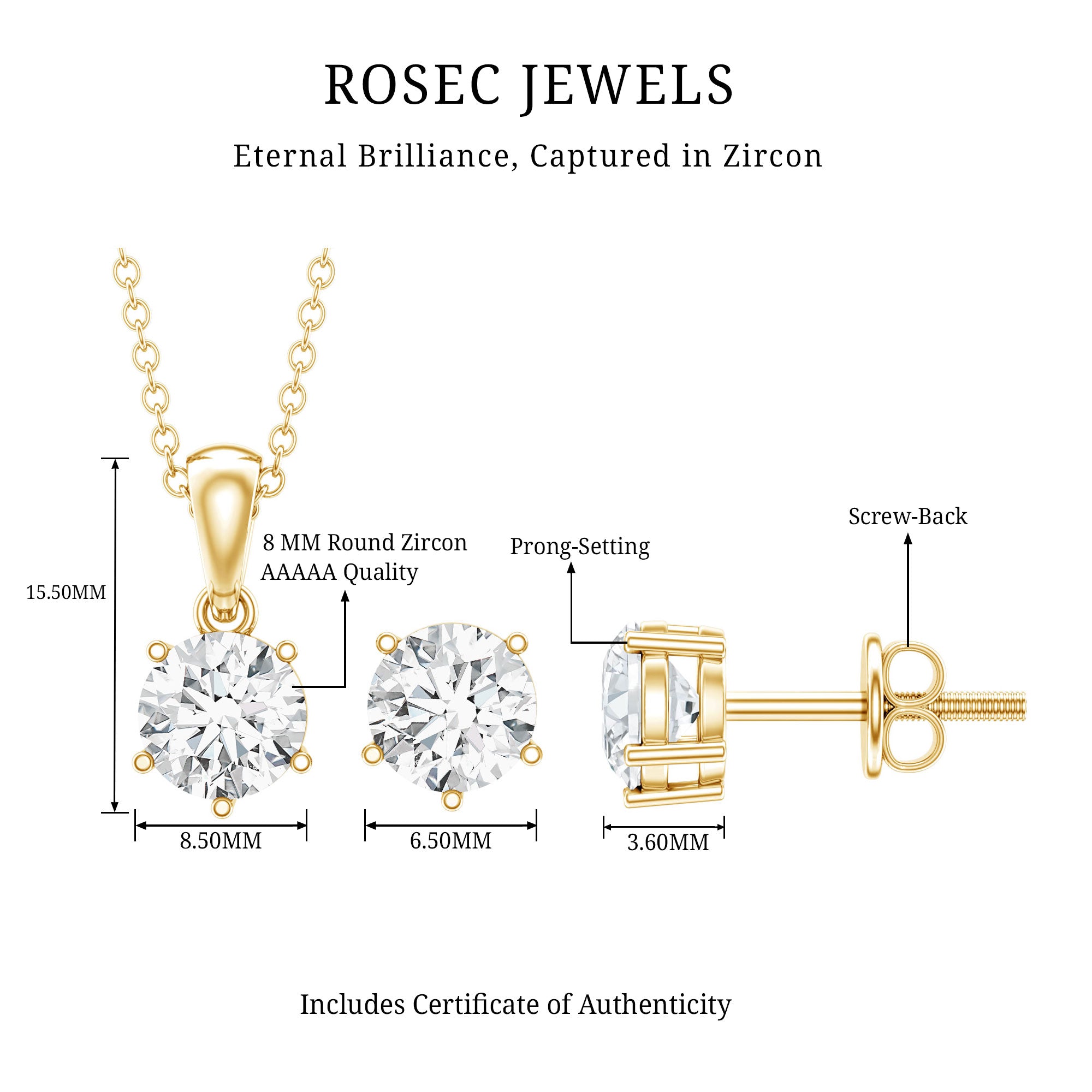 2 CT Zircon Solitaire Pendant and Earrings Set AAAAA - Rosec Jewels
