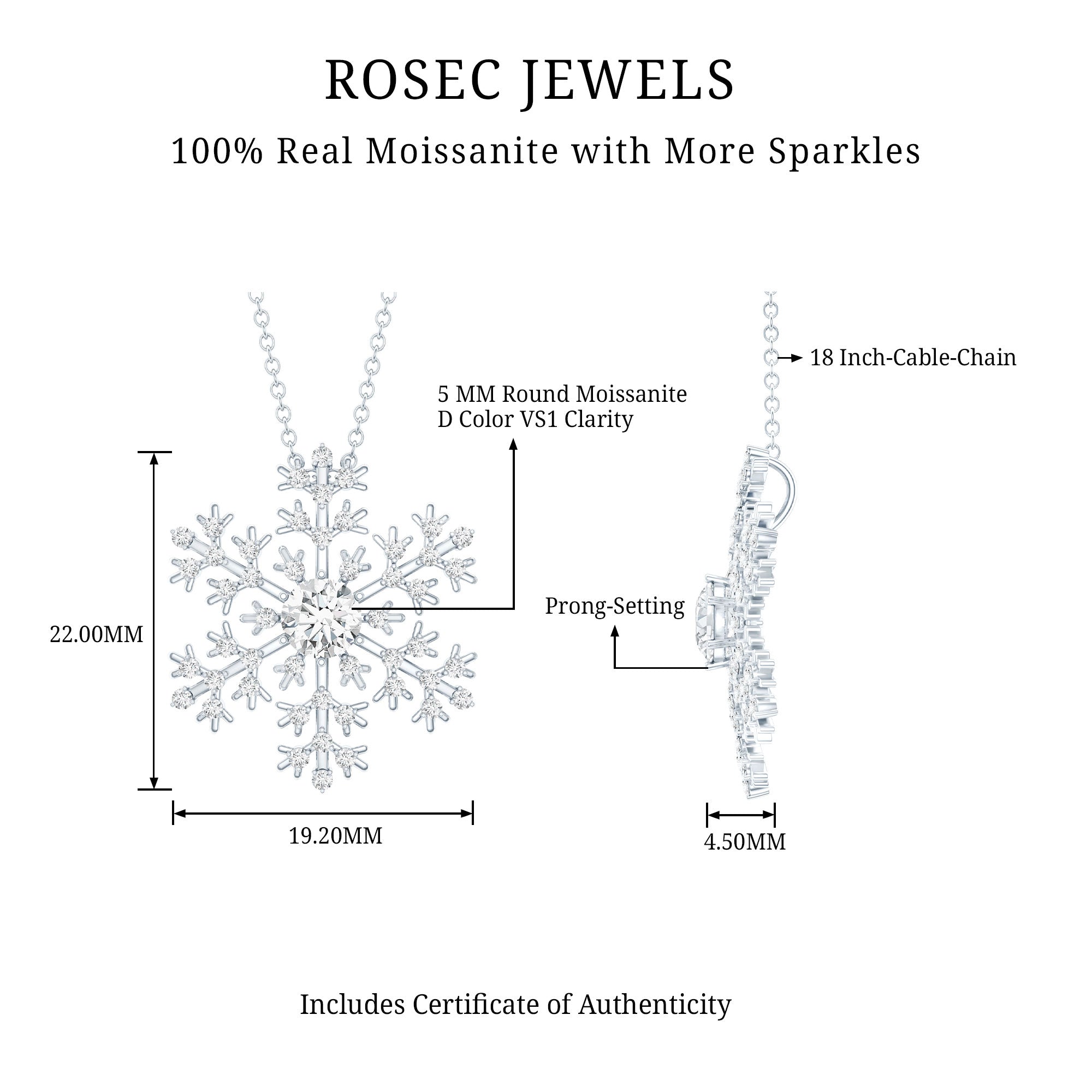 Certified Moissanite Snowflake Pendant Necklace With Chain D-VS1 - Rosec Jewels
