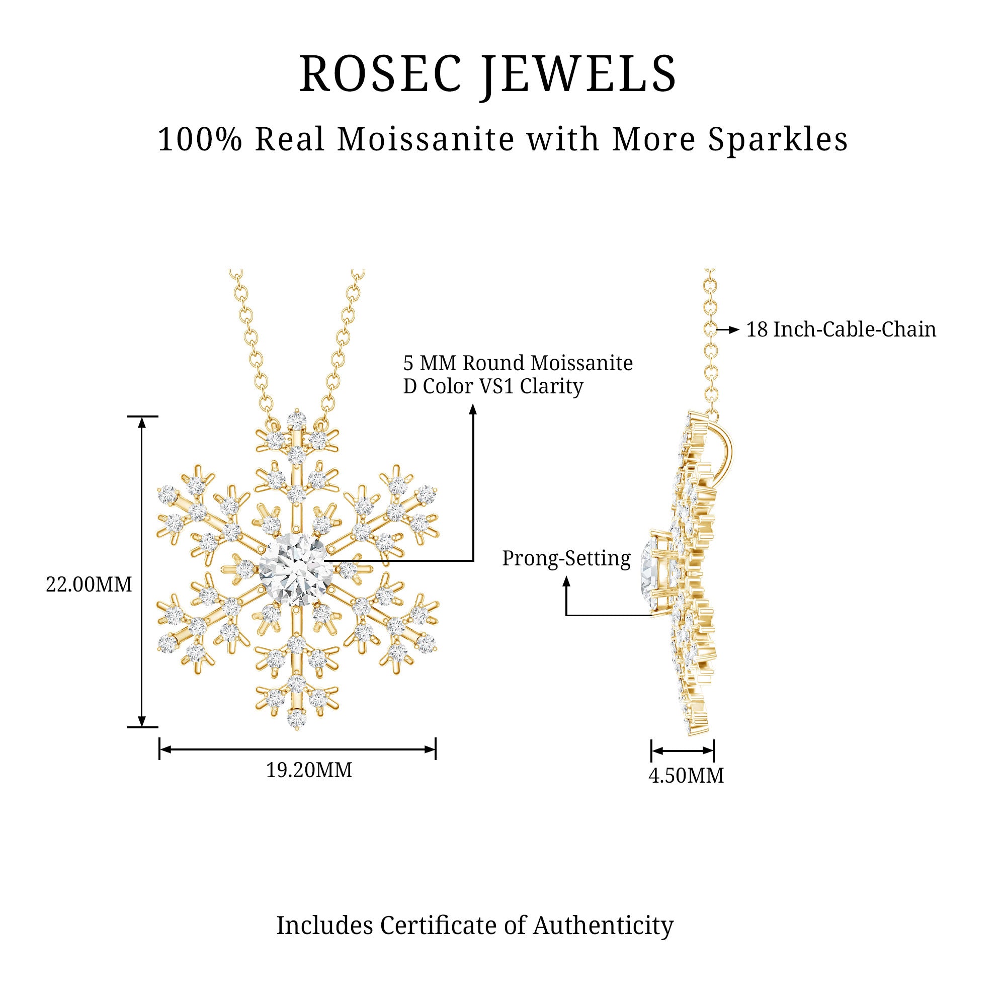 Certified Moissanite Snowflake Pendant Necklace With Chain D-VS1 - Rosec Jewels