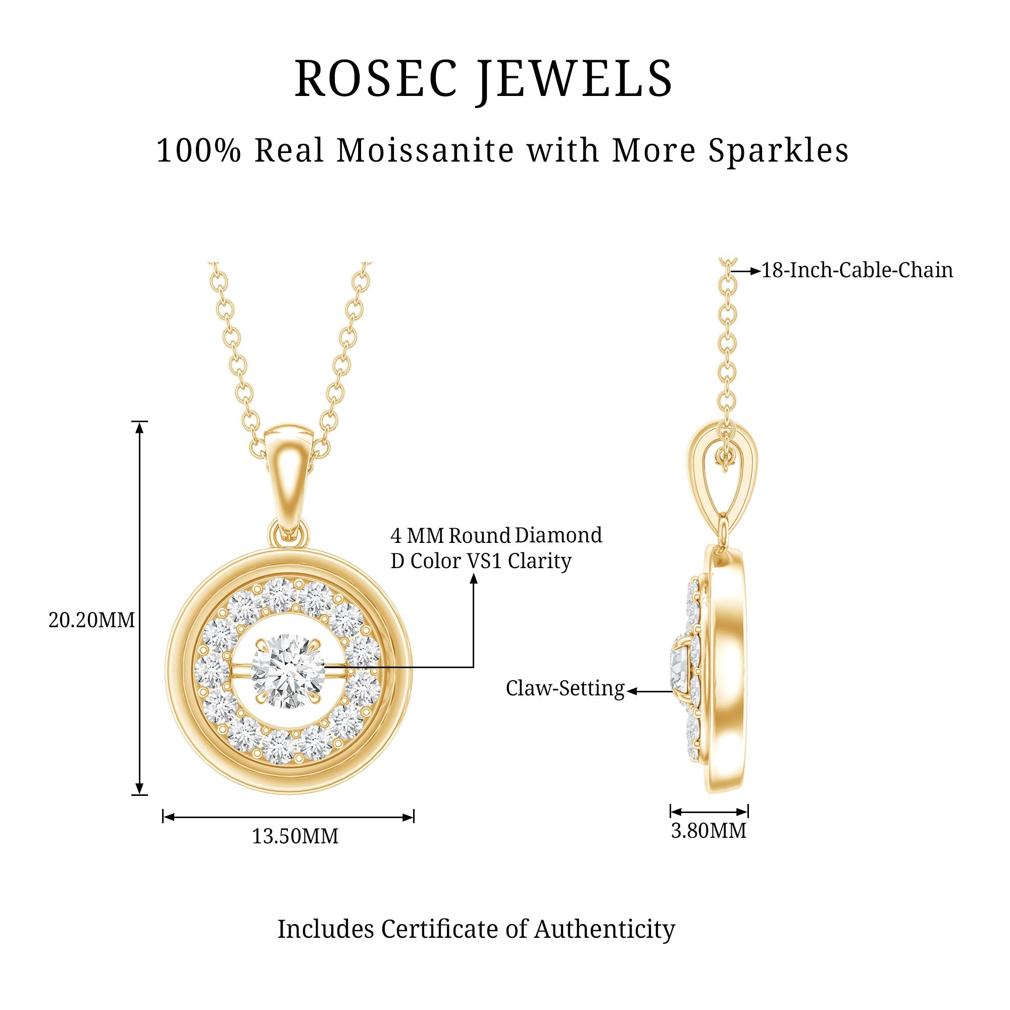 Certified Moissanite Classic Halo Pendant D-VS1 - Rosec Jewels