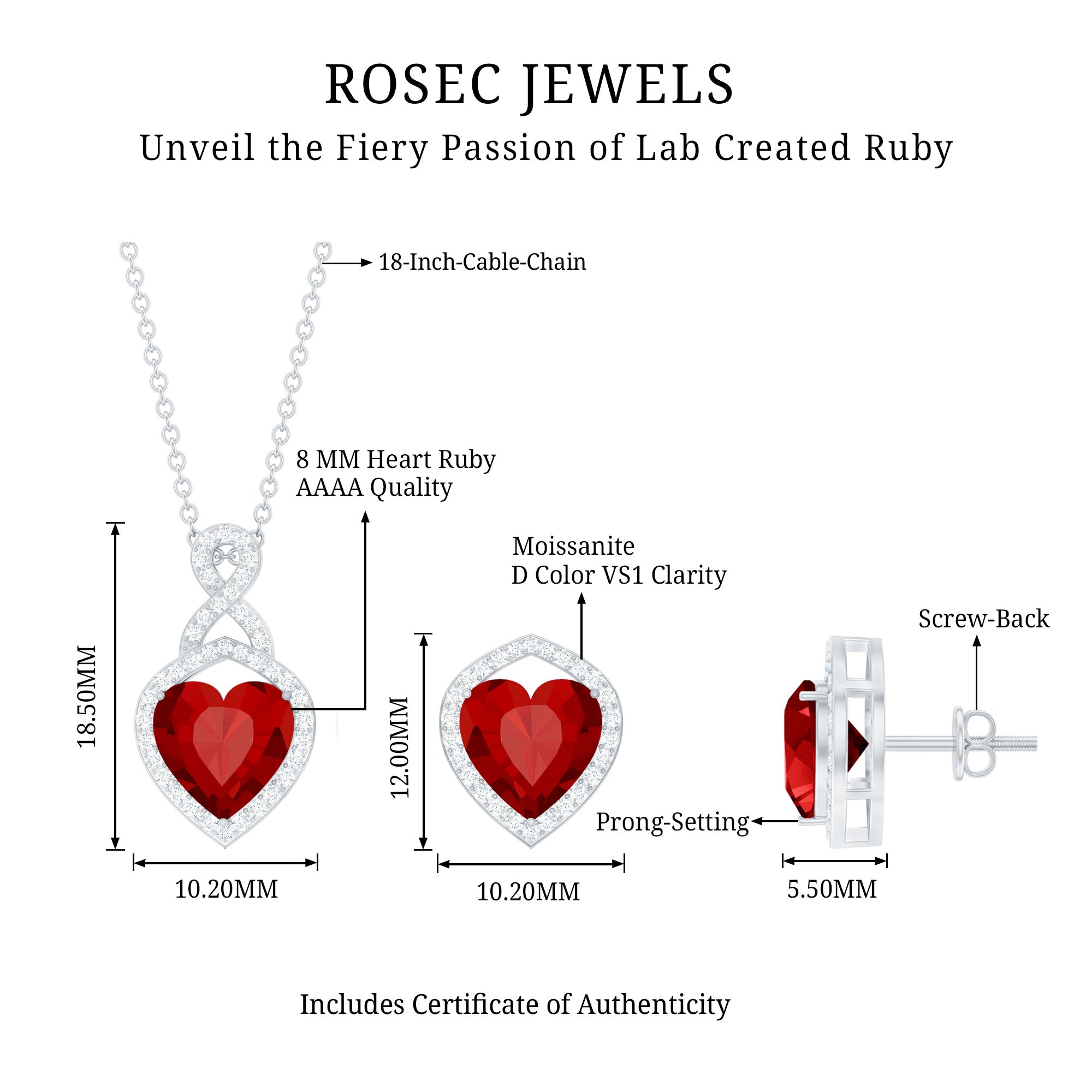 6 Carat Heart Shape Lab Created Ruby Pendant and Earrings Set AAAA - Rosec Jewels