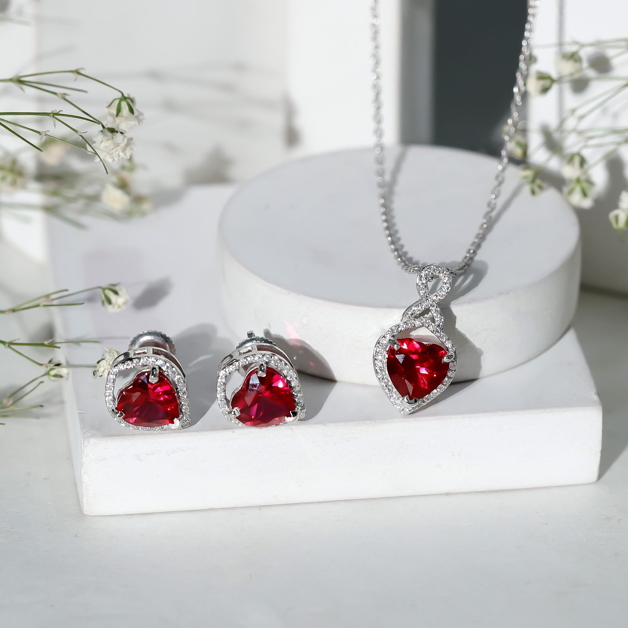 6 Carat Heart Shape Lab Created Ruby Pendant and Earrings Set AAAA - Rosec Jewels