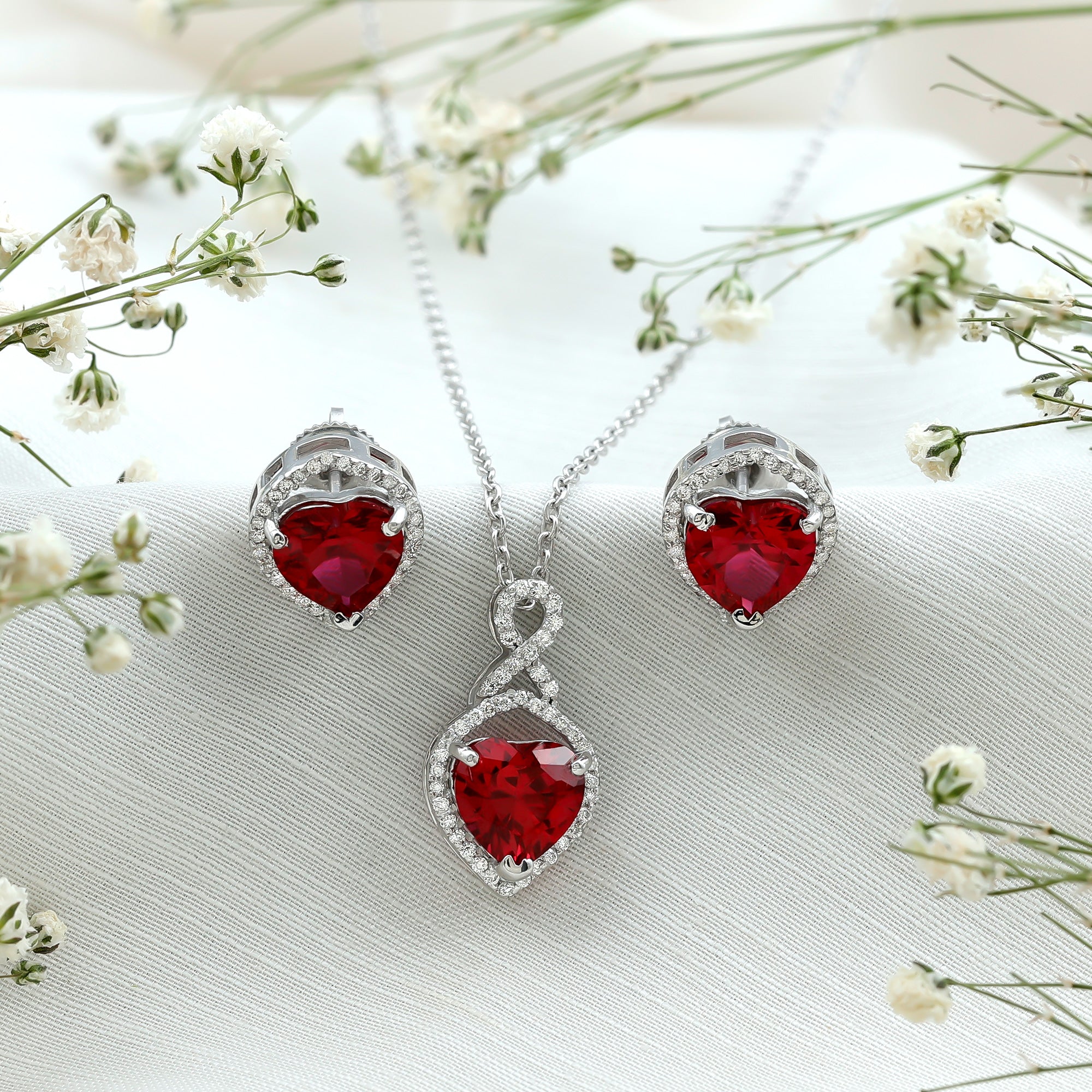 6 Carat Heart Shape Lab Created Ruby Pendant and Earrings Set AAAA - Rosec Jewels