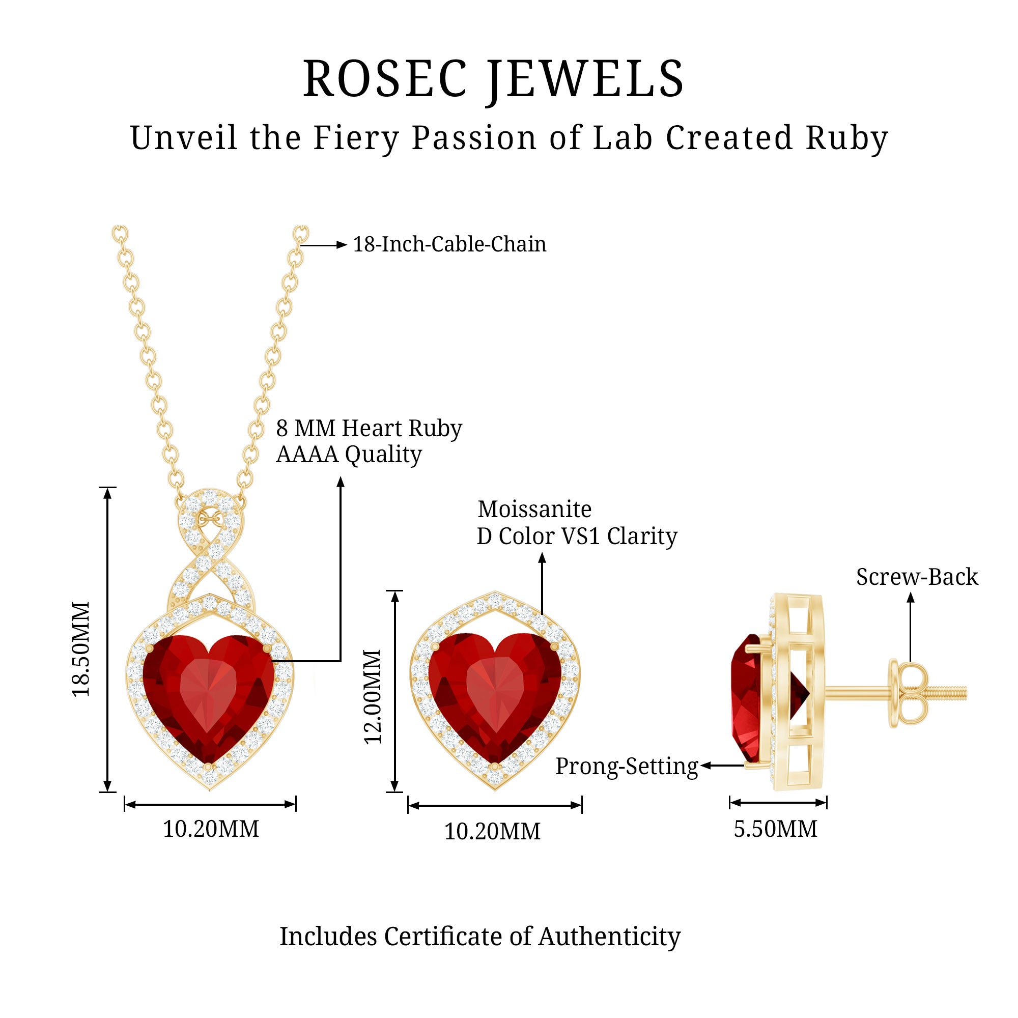 6 Carat Heart Shape Lab Created Ruby Pendant and Earrings Set AAAA - Rosec Jewels