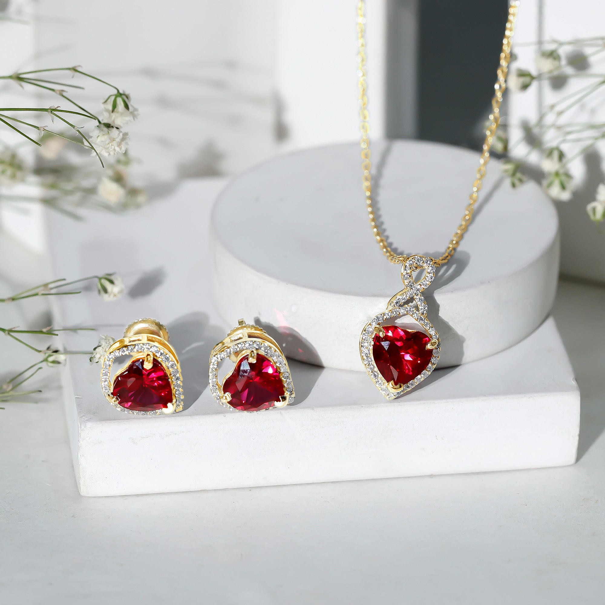 6 Carat Heart Shape Lab Created Ruby Pendant and Earrings Set AAAA - Rosec Jewels