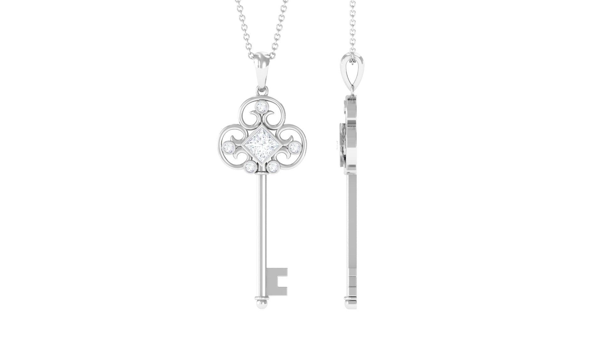 Round and Princess Cut Moissanite Key Pendant Necklace in Bezel Set