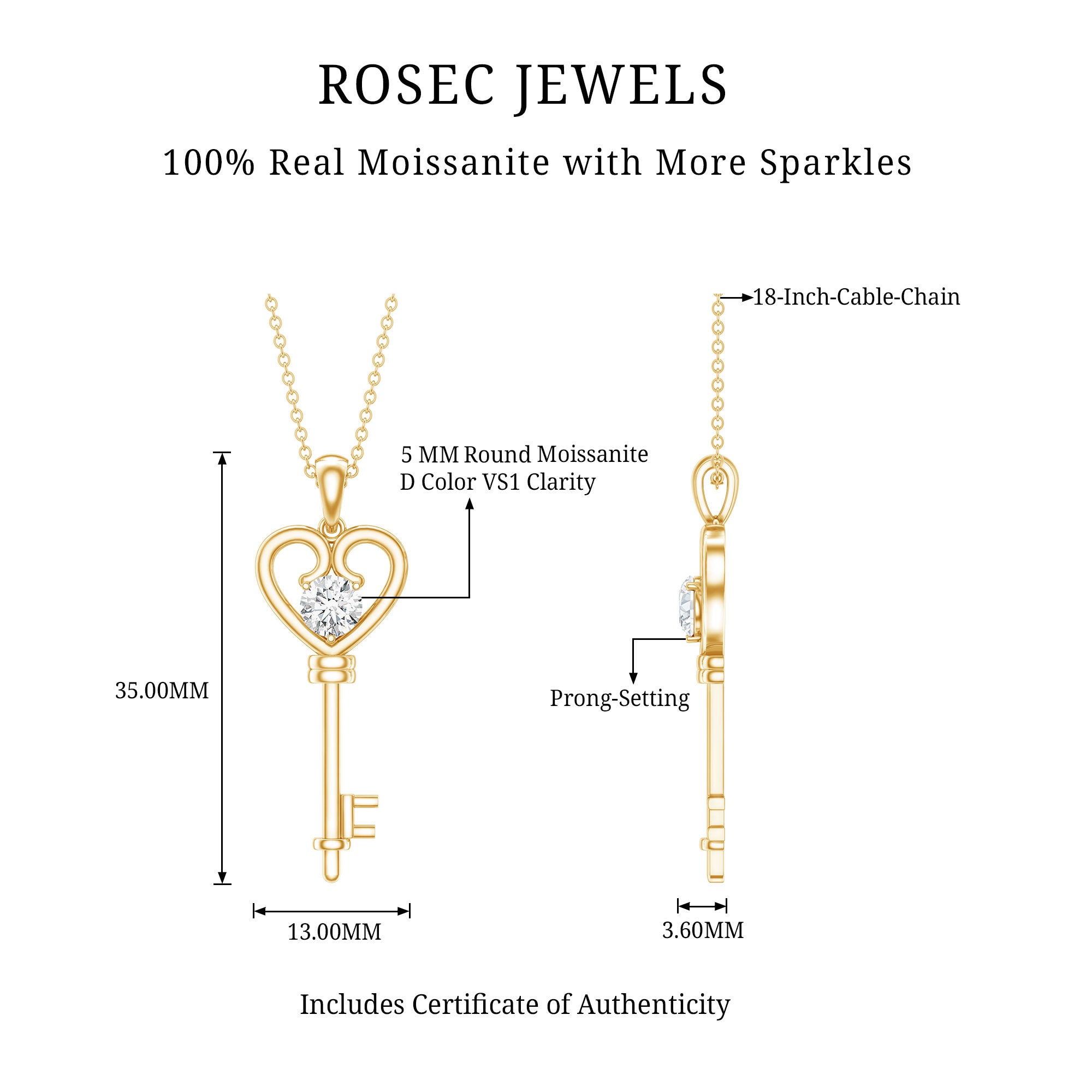Certified Moissanite Heart and Key Pendant Necklace D-VS1 - Rosec Jewels