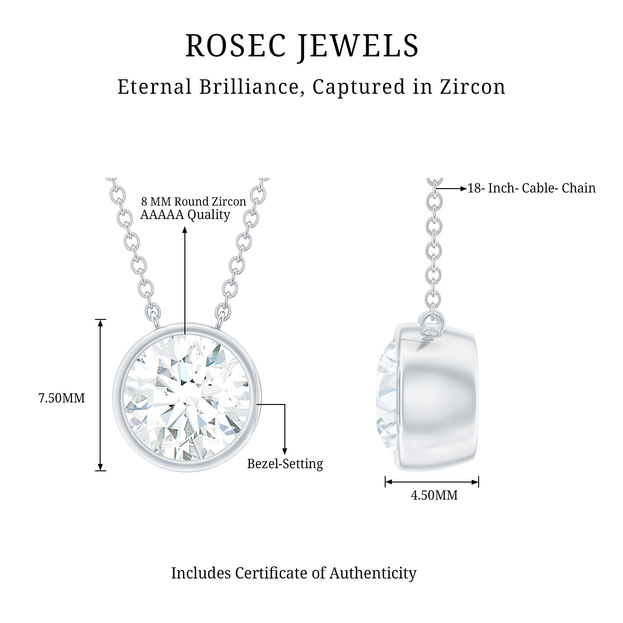 Round Cut 2 Carat Cubic Zirconia Solitaire Necklace AAAAA - Rosec Jewels