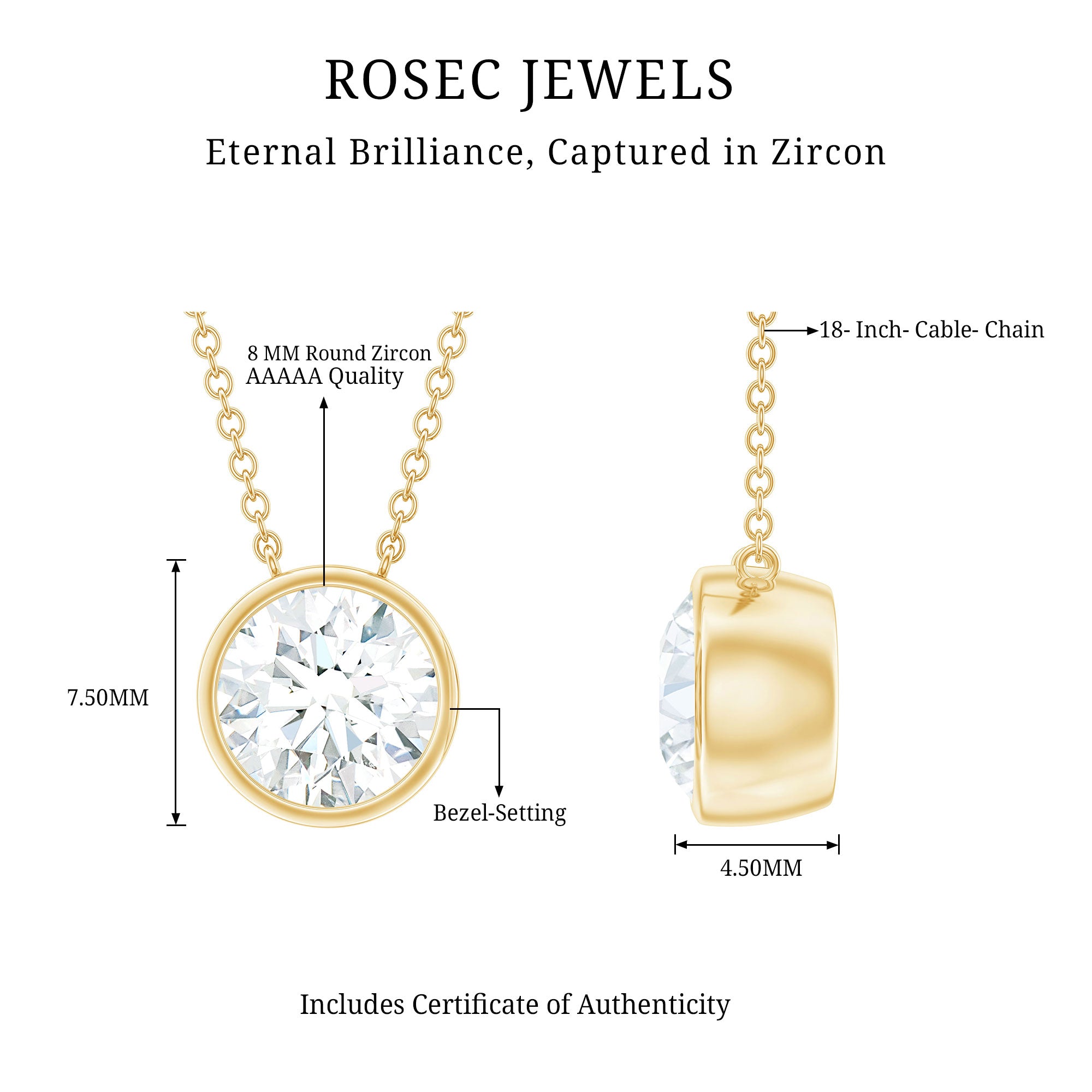 Round Cut 2 Carat Cubic Zirconia Solitaire Necklace AAAAA - Rosec Jewels