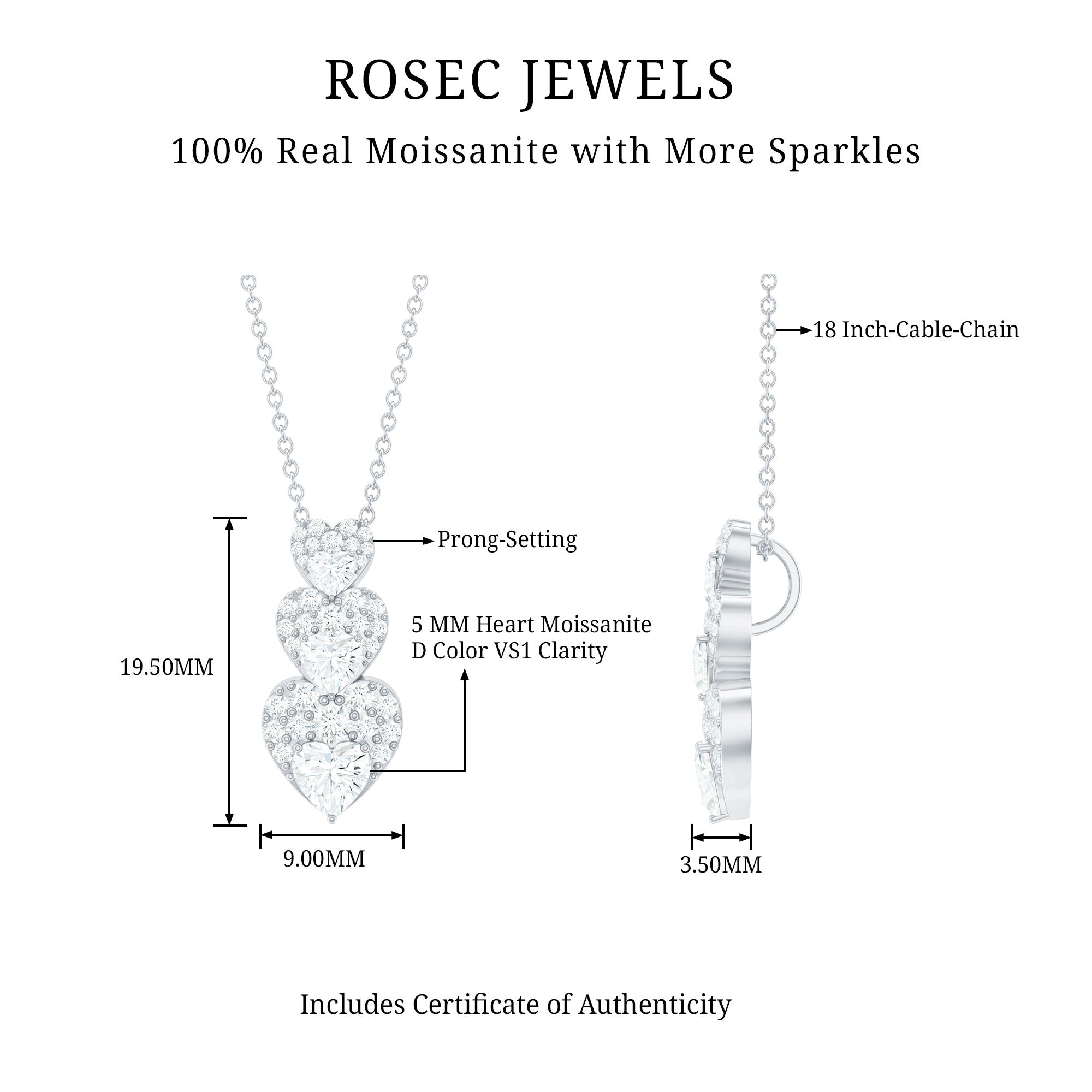 Certified Moissanite Dangle Heart Pendant Necklace D-VS1 - Rosec Jewels
