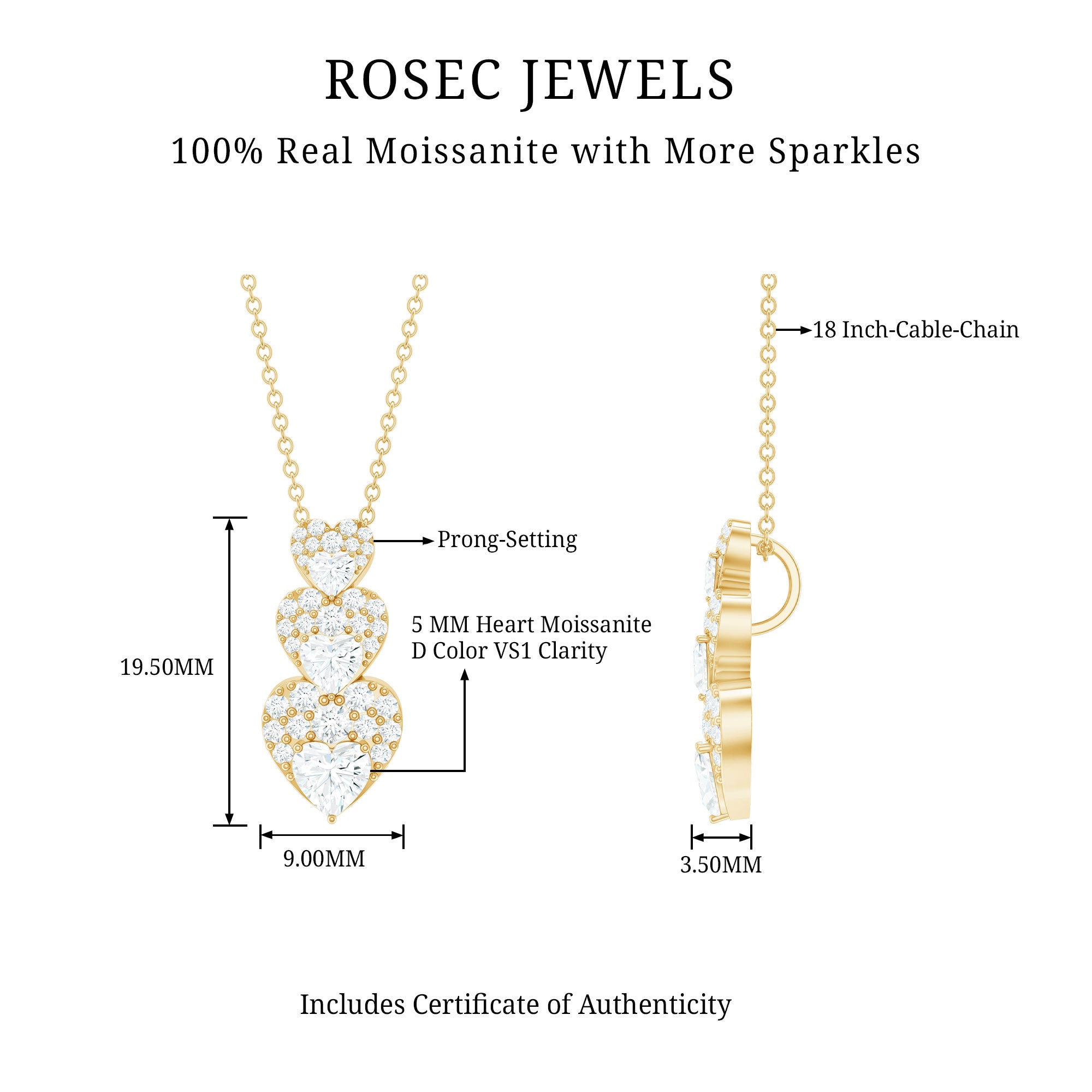 Certified Moissanite Dangle Heart Pendant Necklace D-VS1 - Rosec Jewels